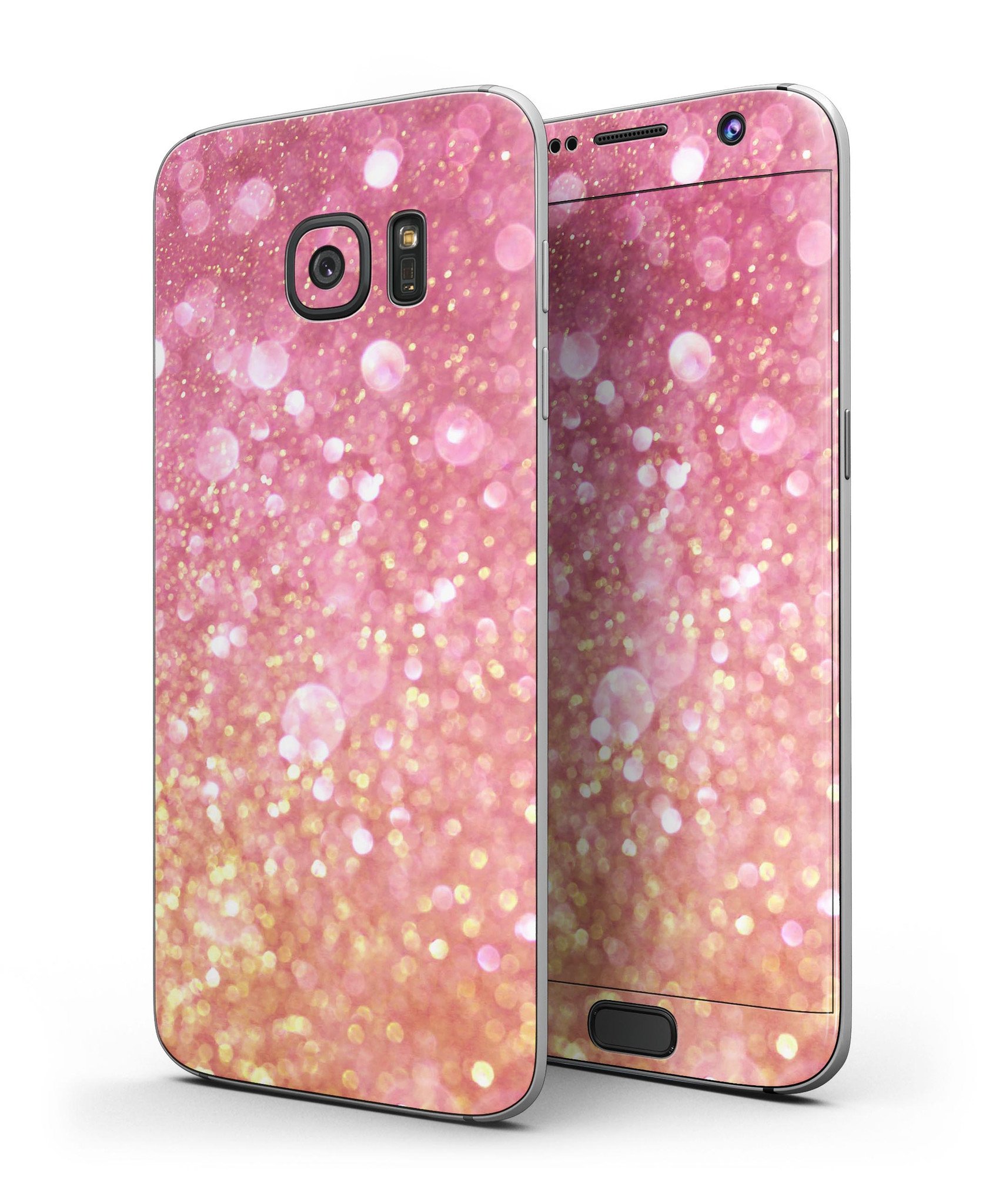 Glowing Pink and Gold Orbs of Light skin kit for Samsung Galaxy S7 and S7 Edge, showcasing vibrant colors and premium vinyl material.