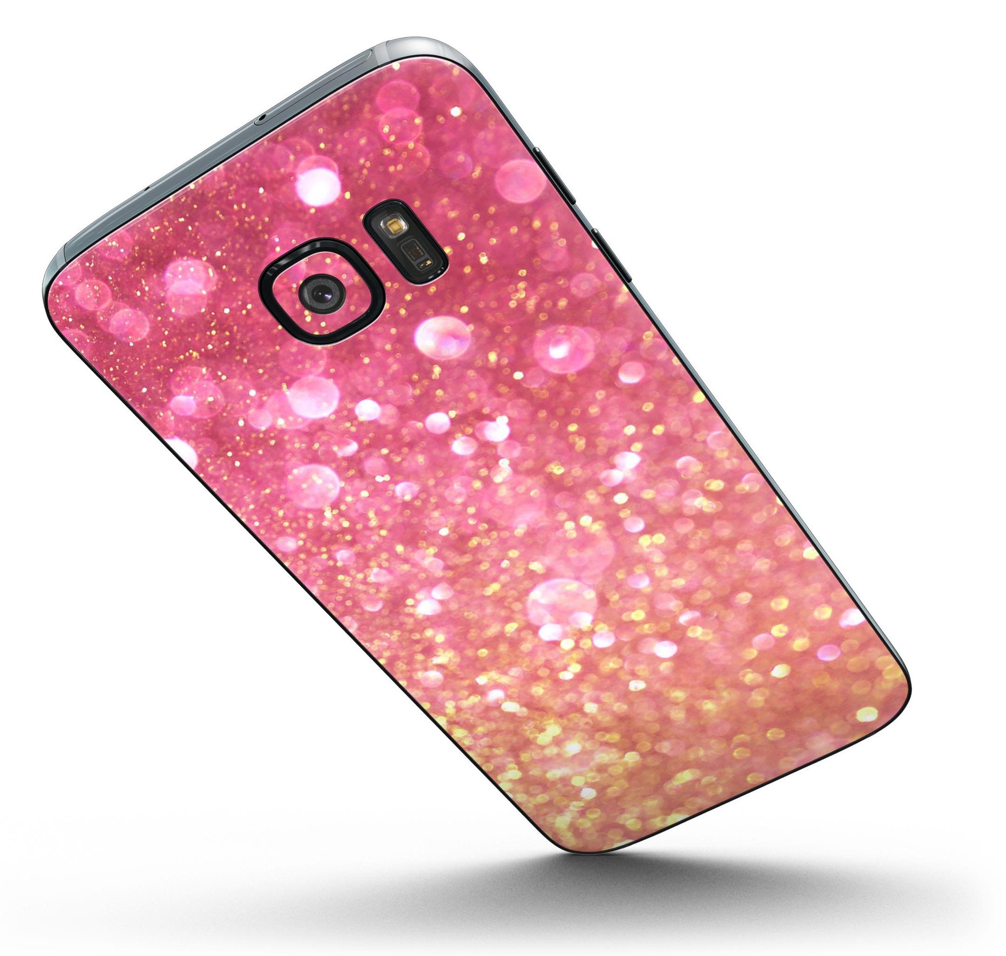 Glowing Pink and Gold Orbs of Light skin kit for Samsung Galaxy S7 and S7 Edge, showcasing vibrant colors and premium vinyl material.