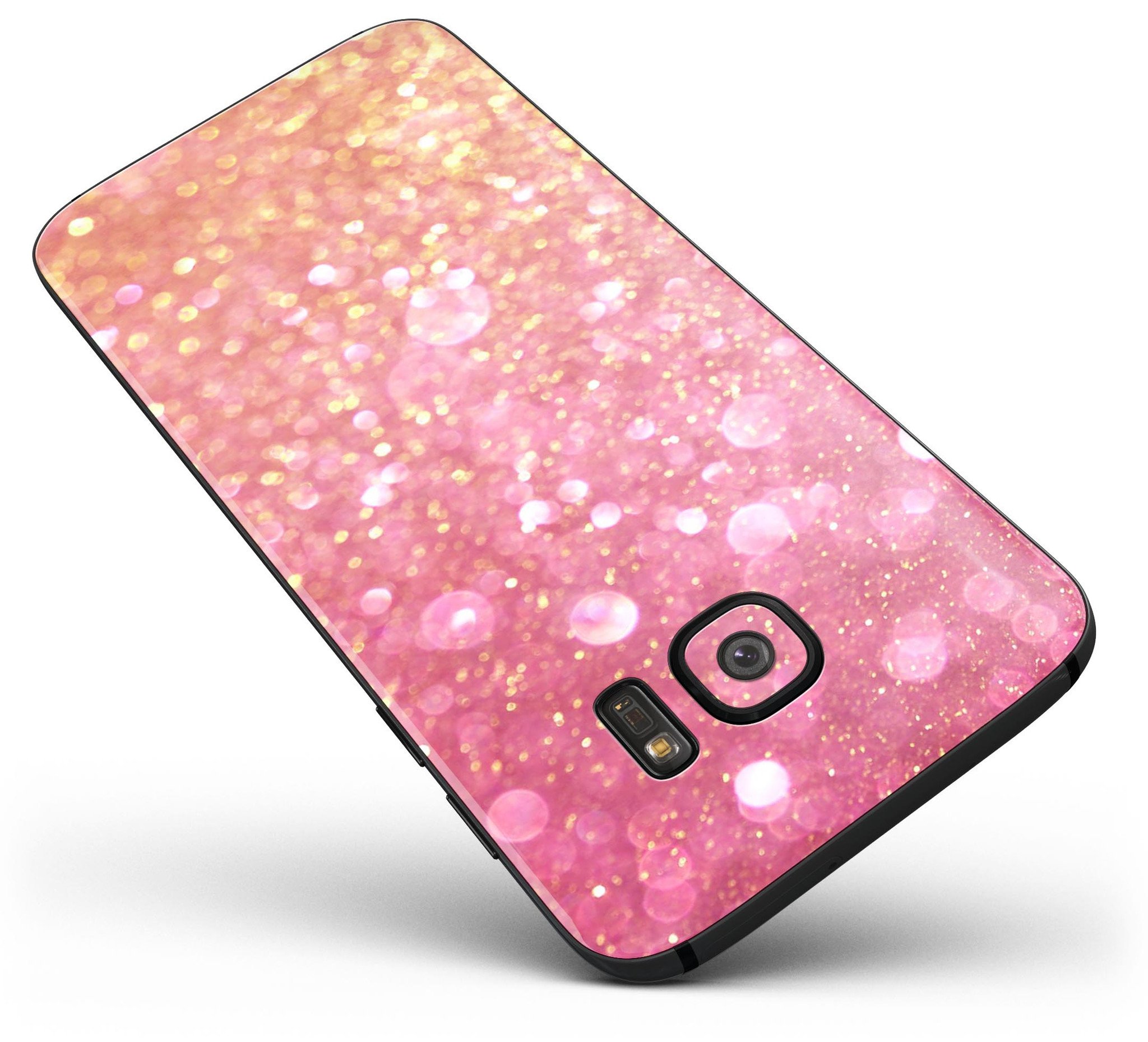 Glowing Pink and Gold Orbs of Light skin kit for Samsung Galaxy S7 and S7 Edge, showcasing vibrant colors and premium vinyl material.