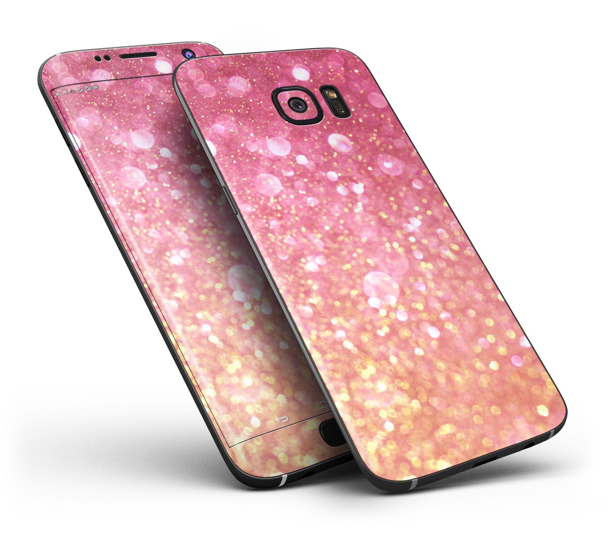 Glowing Pink and Gold Orbs of Light skin kit for Samsung Galaxy S7 and S7 Edge, showcasing vibrant colors and premium vinyl material.