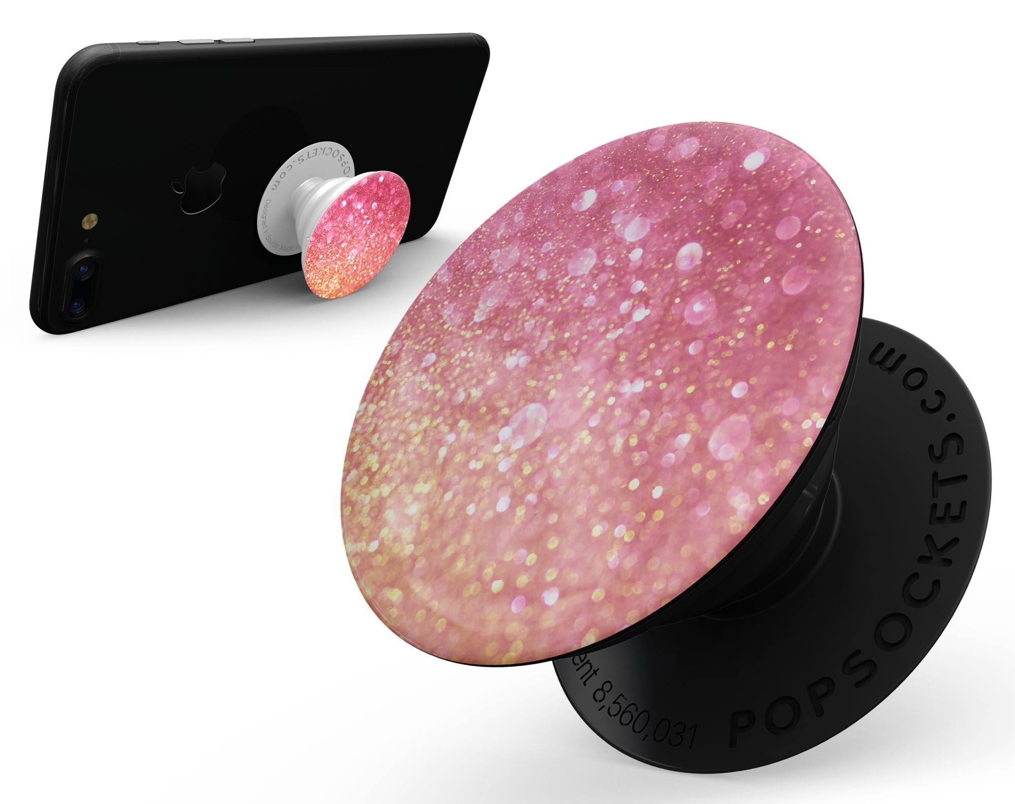 Glowing Pink and Gold Orbs of Light skin kit for PopSockets, featuring vibrant colors and a stylish design.