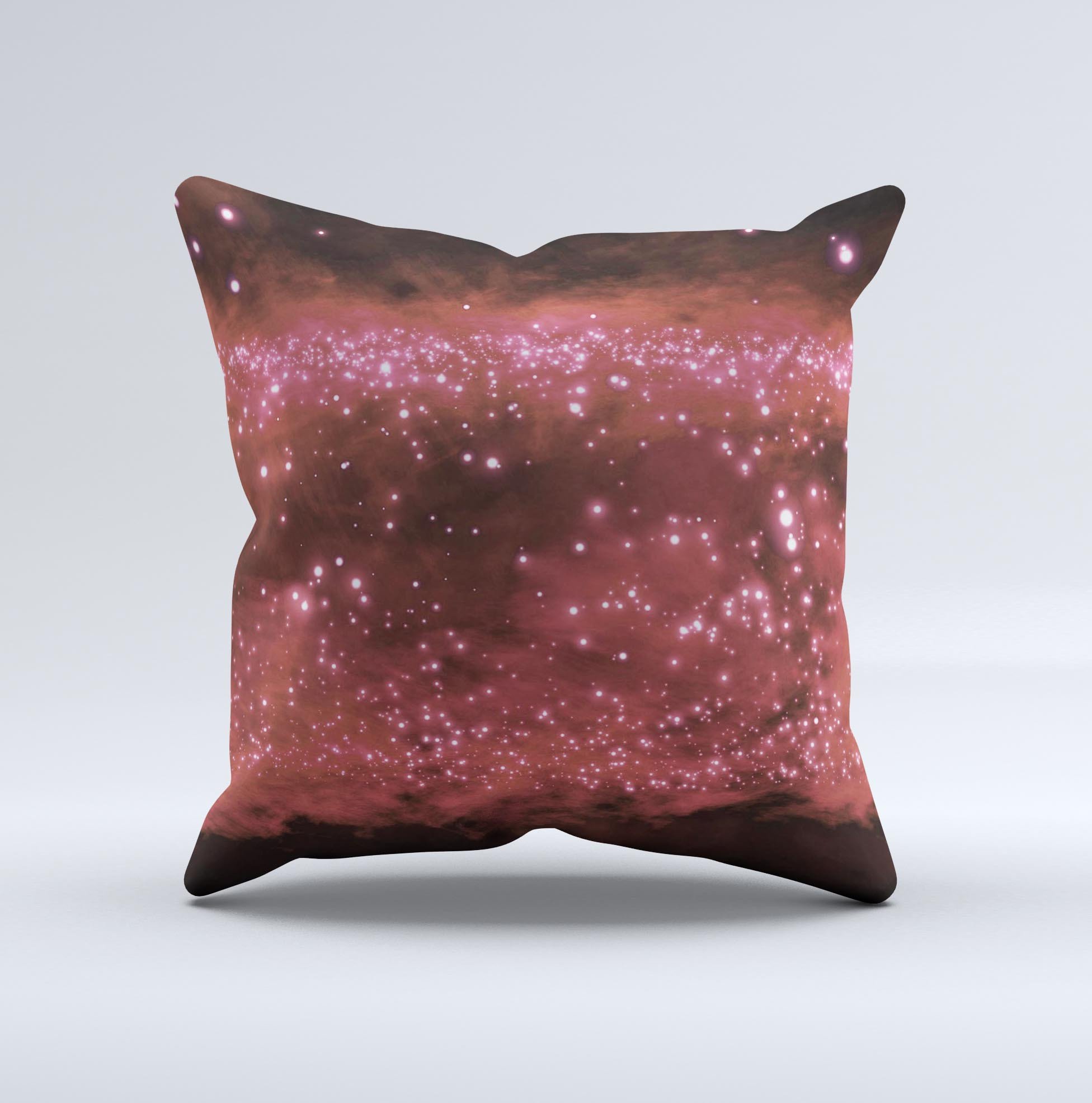 A decorative throw pillow featuring glowing pink orbs of light, handcrafted with high thread count fabric and filled with non-allergenic polyester.