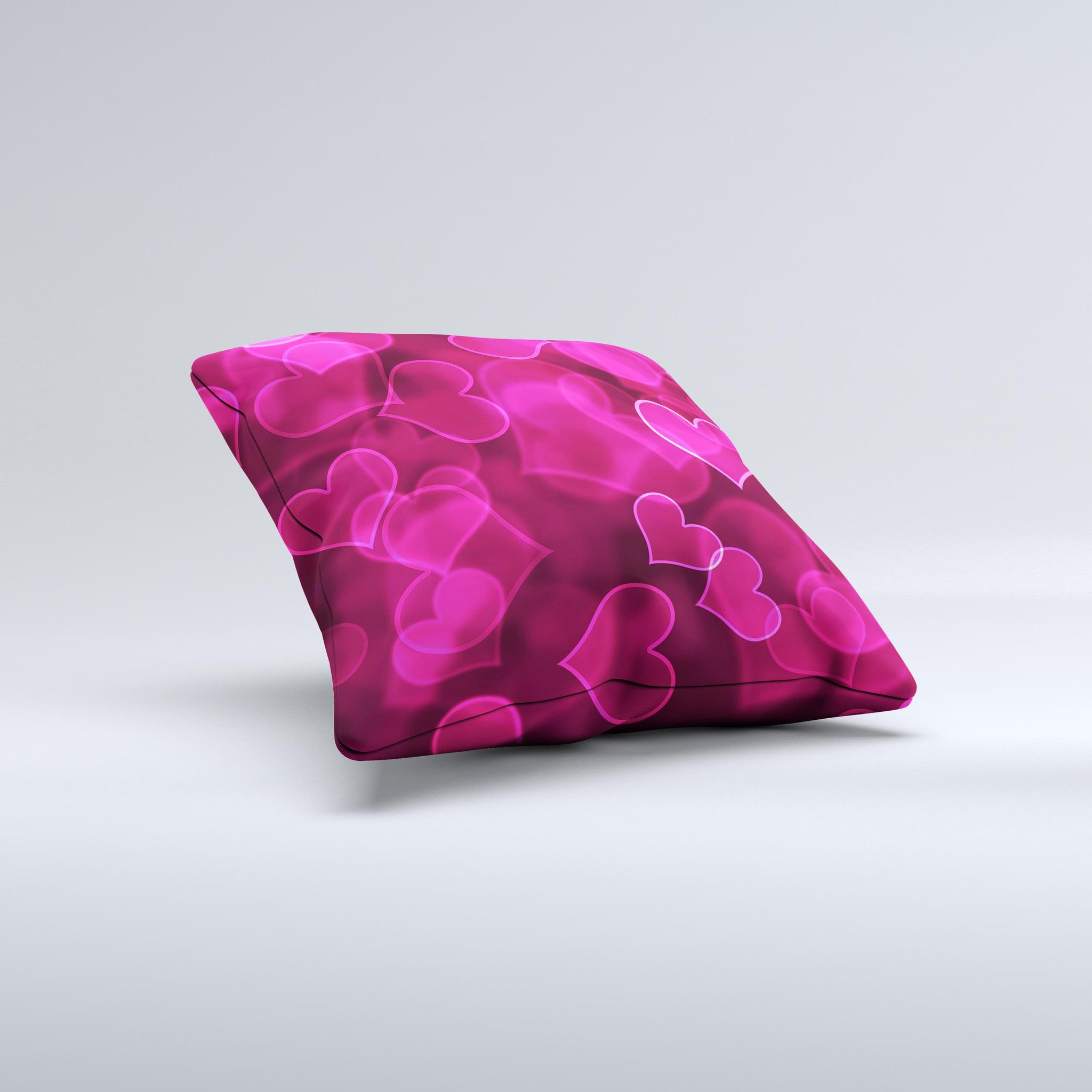 Glowing Pink Outlined Hearts decorative throw pillow with a soft poly/cotton fabric and plush filling, showcasing a unique handcrafted design.