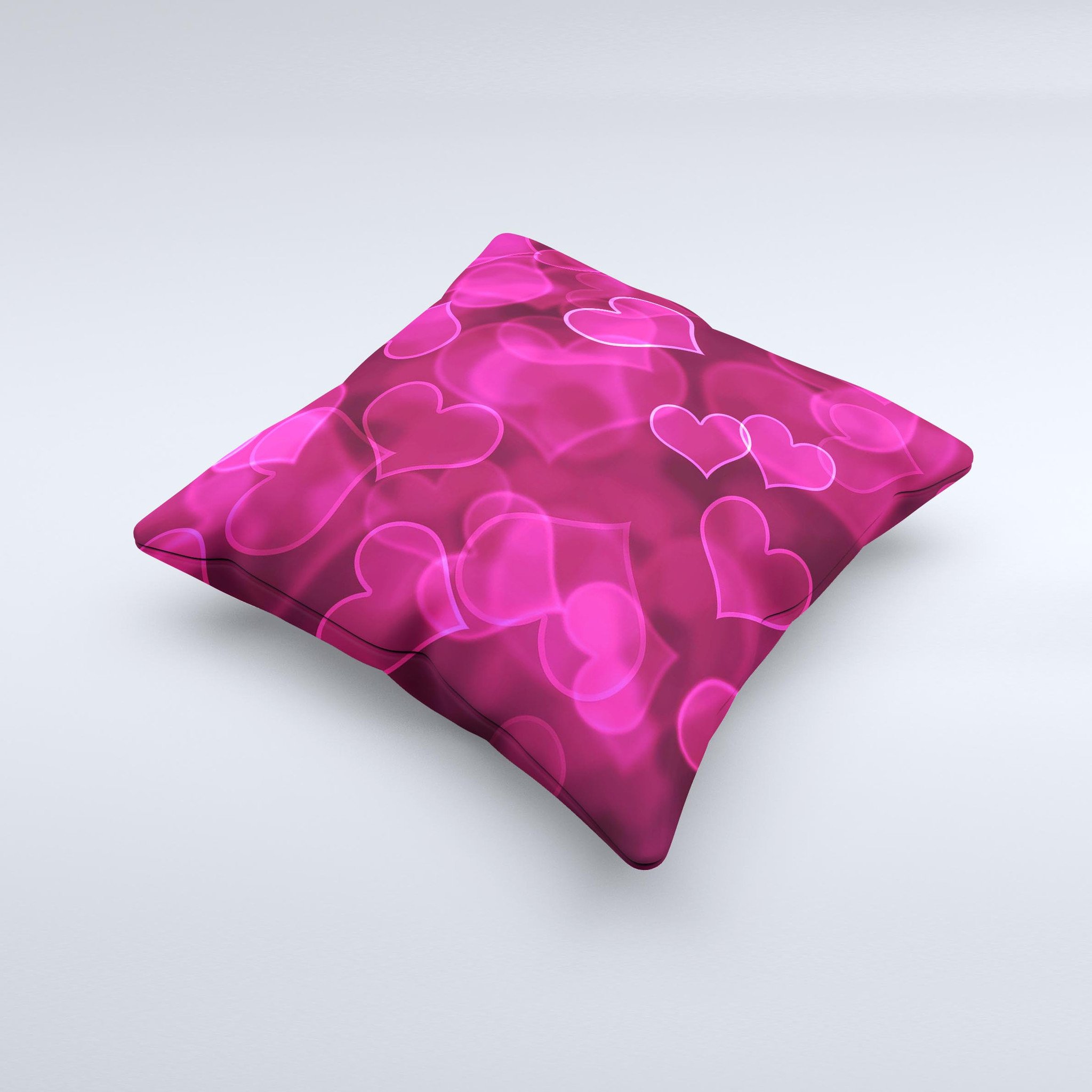 Glowing Pink Outlined Hearts decorative throw pillow with a soft poly/cotton fabric and plush filling, showcasing a unique handcrafted design.