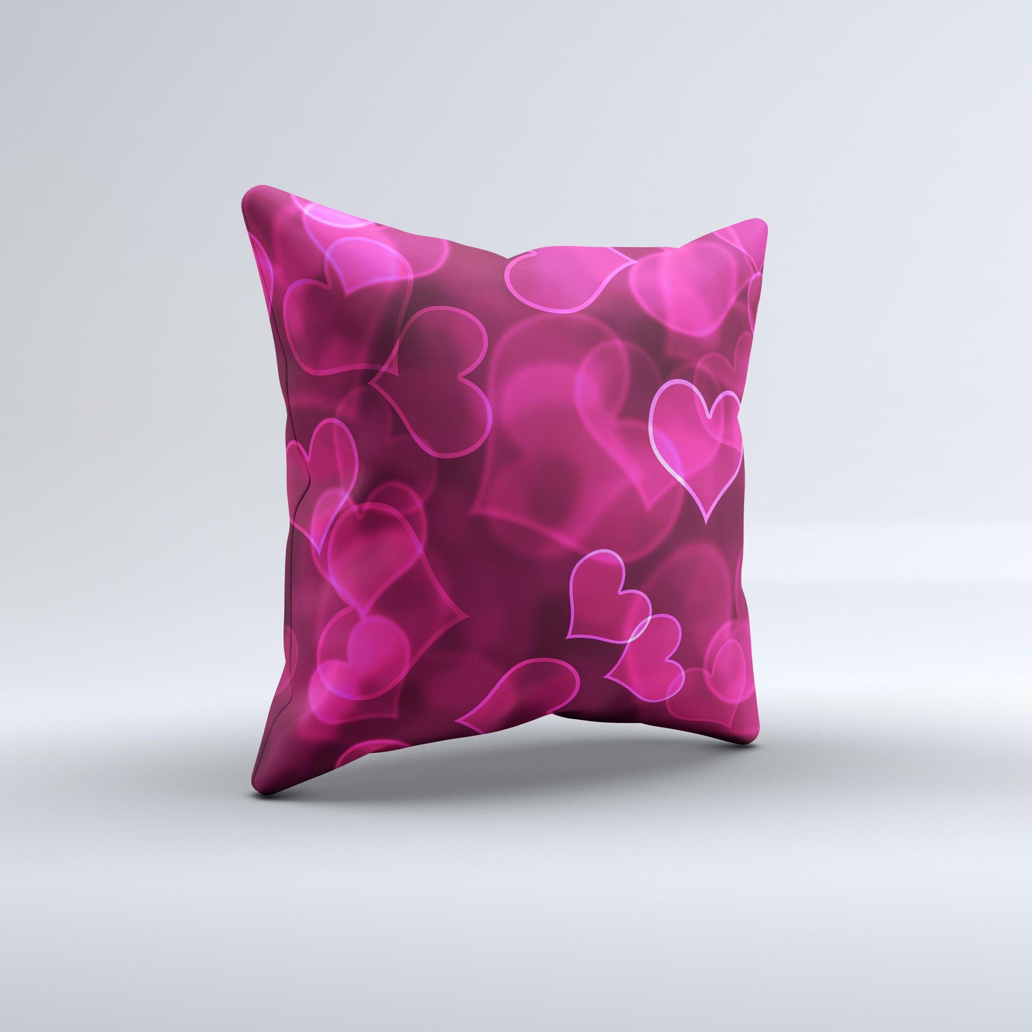 Glowing Pink Outlined Hearts decorative throw pillow with a soft poly/cotton fabric and plush filling, showcasing a unique handcrafted design.