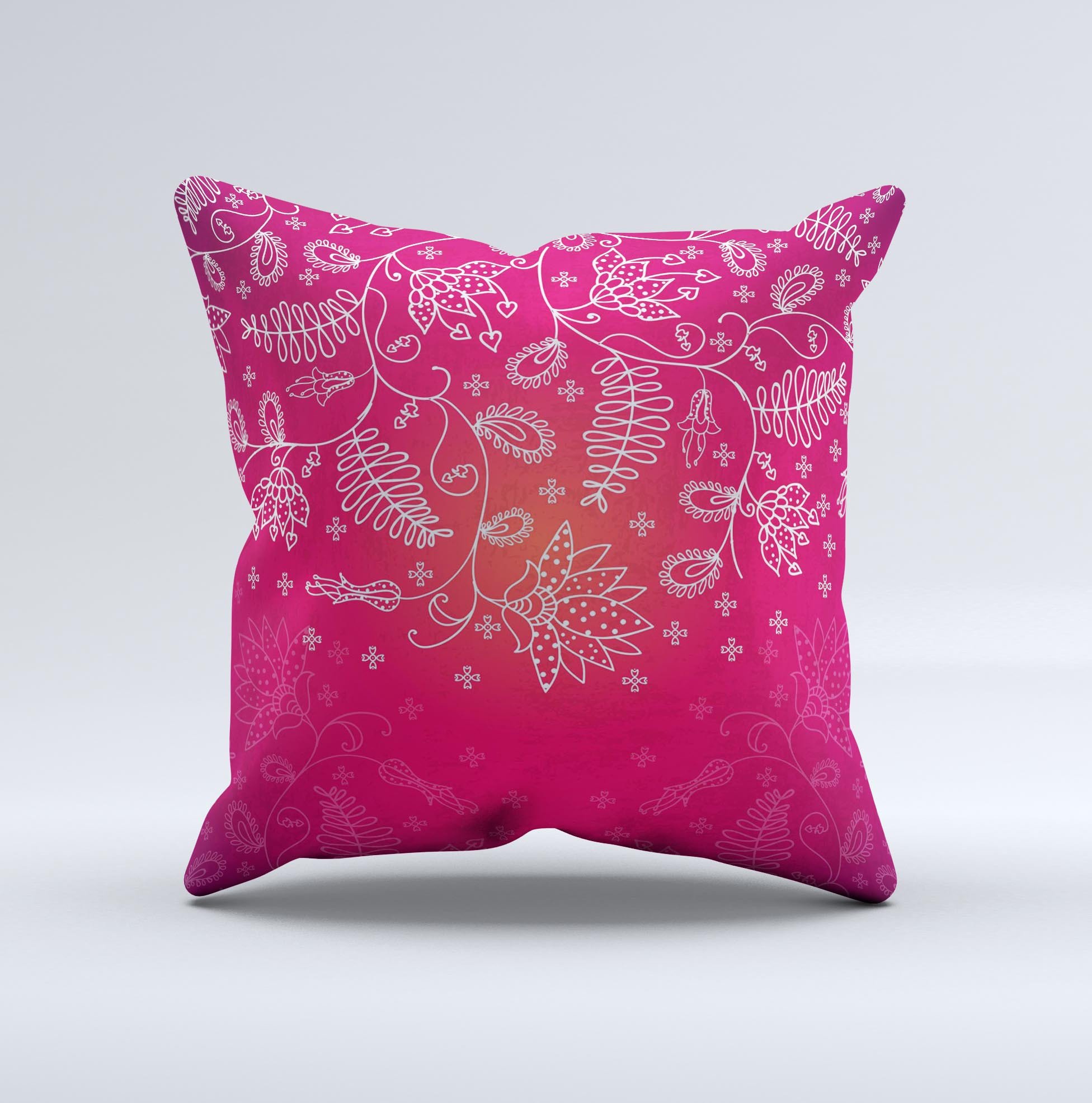 Glowing Pink White Lace Ink-Fuzed Decorative Throw Pillow with intricate lace design and soft pink hues, handcrafted in Virginia.