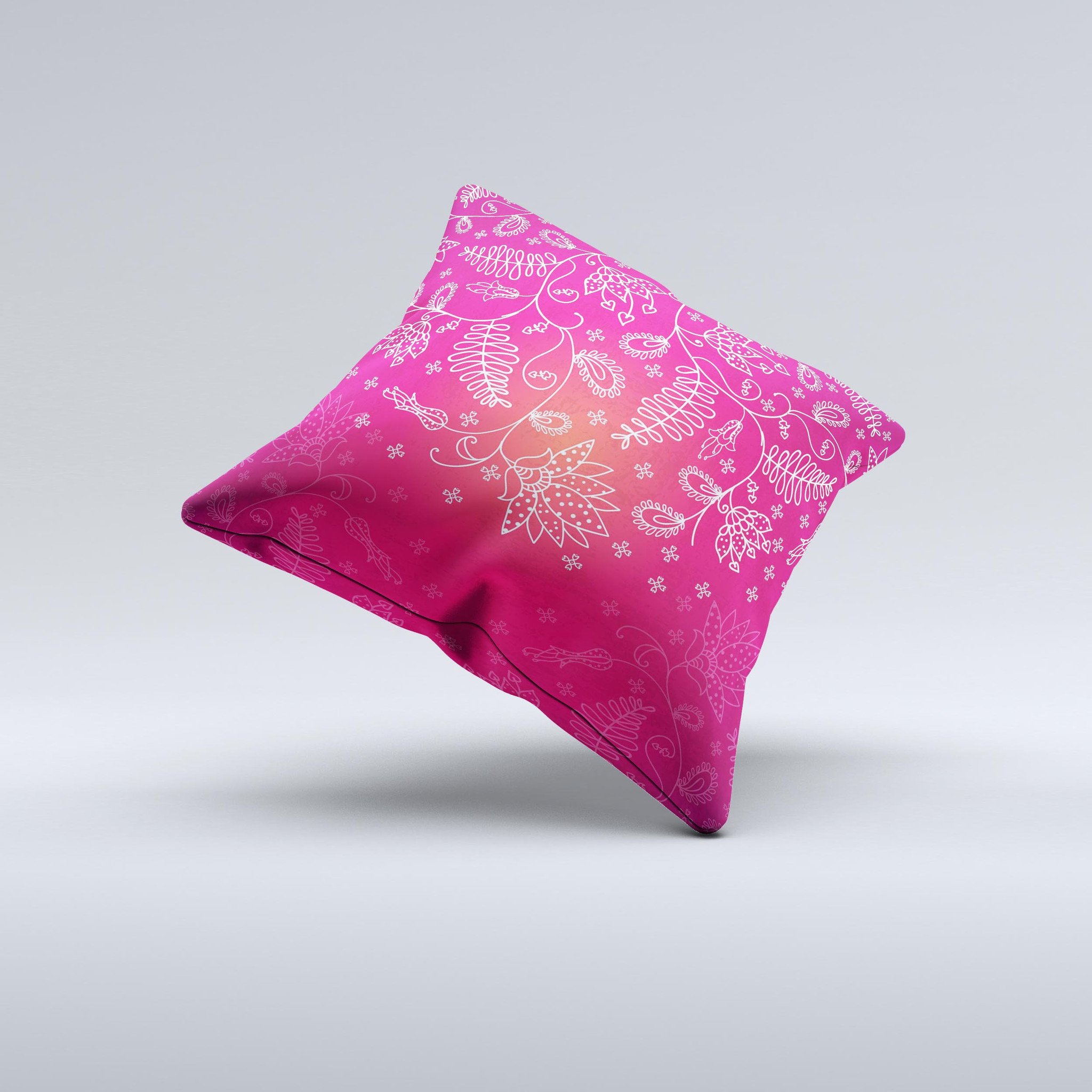 Glowing Pink White Lace Ink-Fuzed Decorative Throw Pillow with intricate lace design and soft pink hues, handcrafted in Virginia.