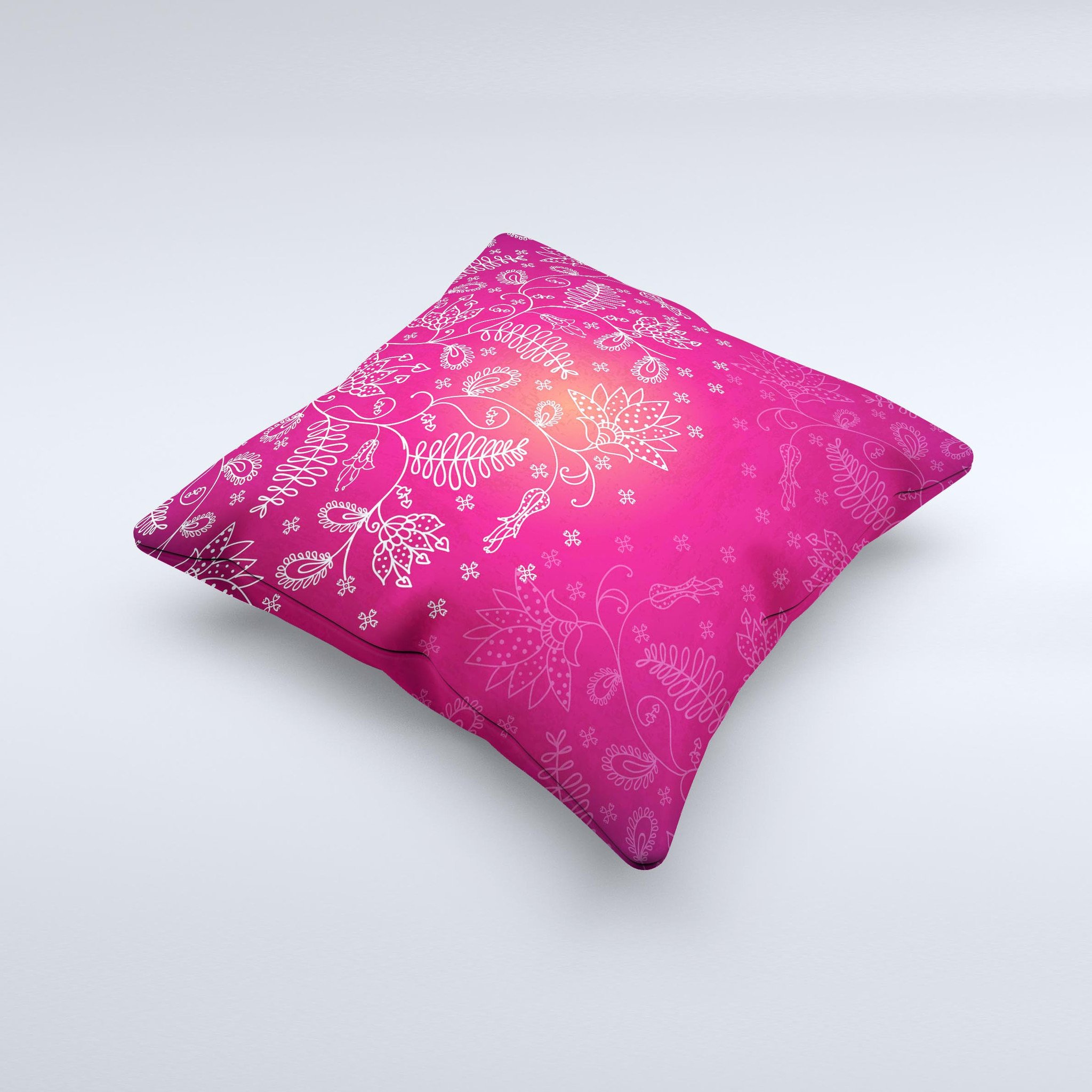 Glowing Pink White Lace Ink-Fuzed Decorative Throw Pillow with intricate lace design and soft pink hues, handcrafted in Virginia.