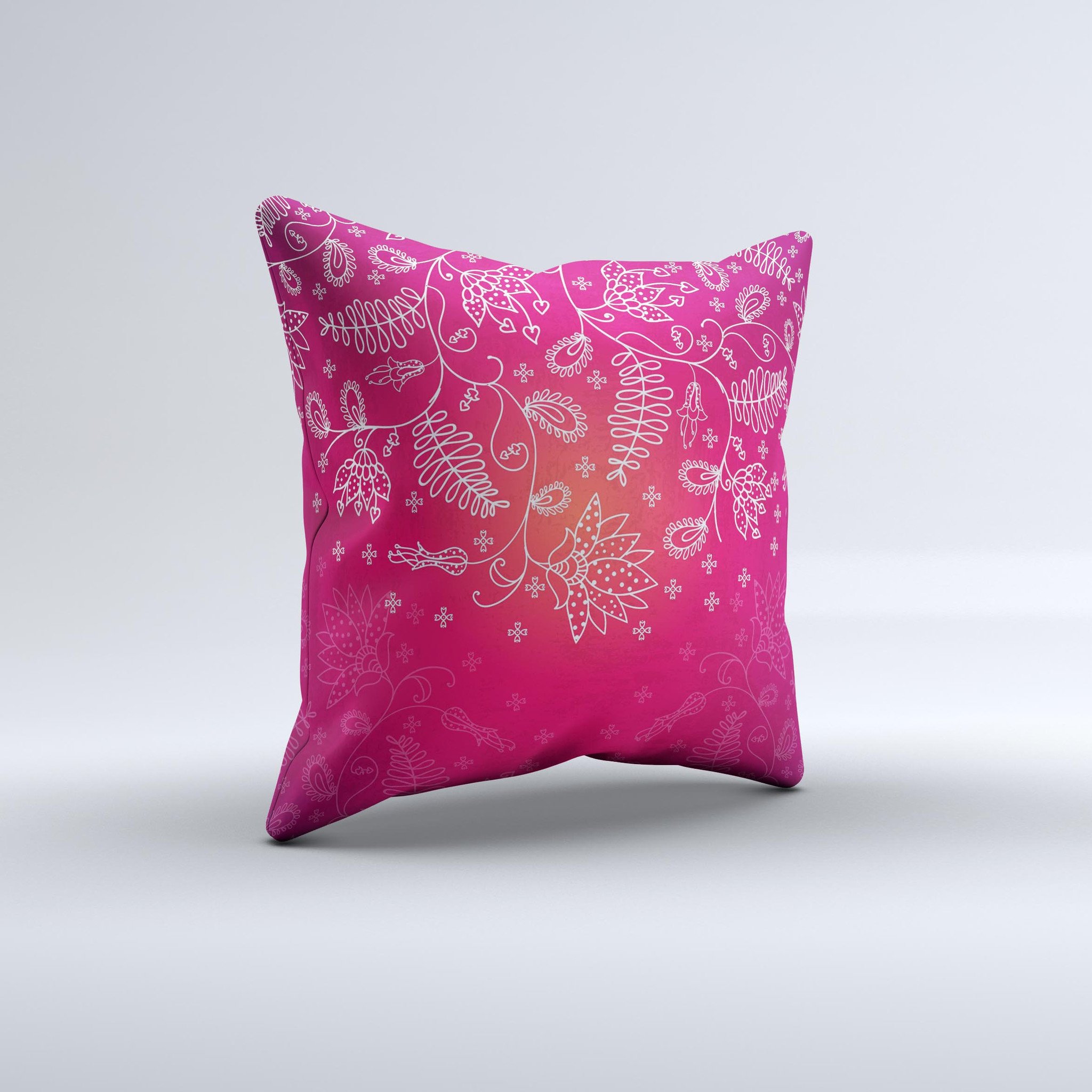 Glowing Pink White Lace Ink-Fuzed Decorative Throw Pillow with intricate lace design and soft pink hues, handcrafted in Virginia.