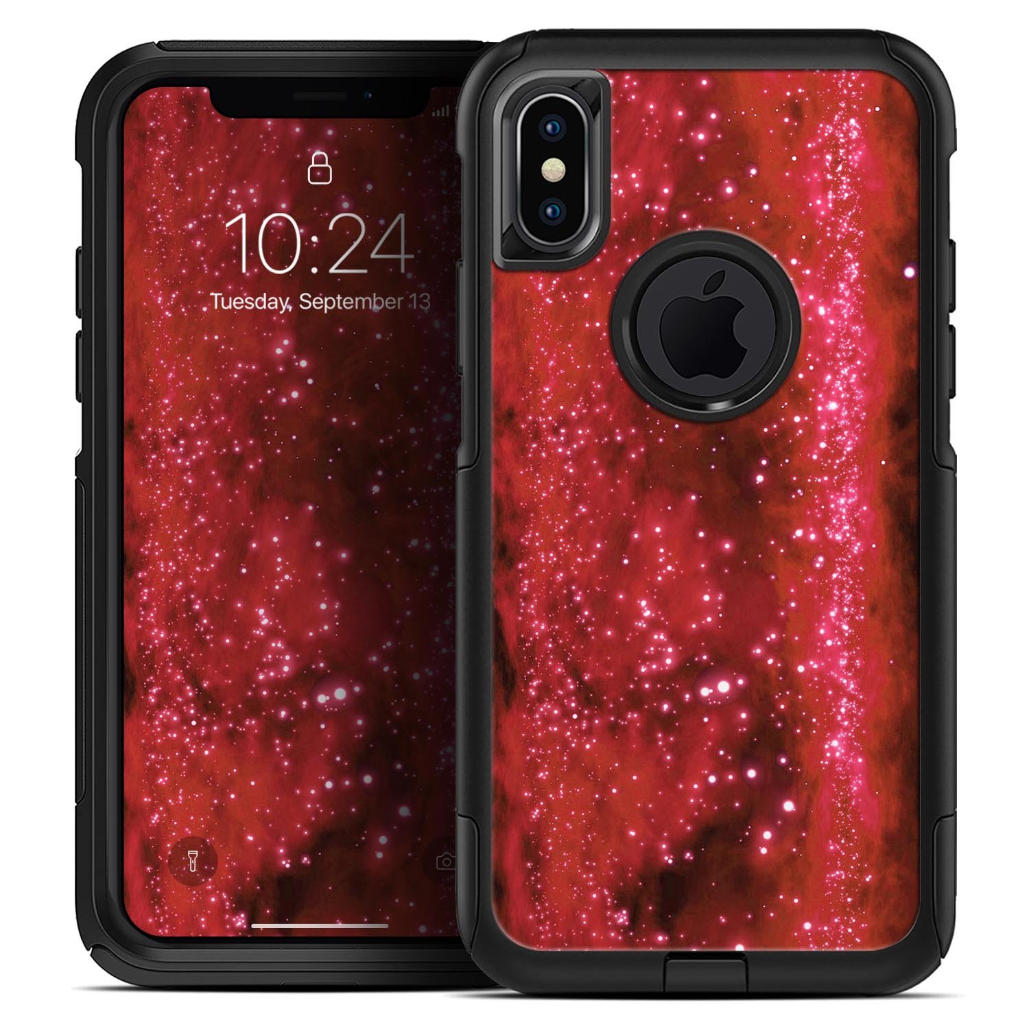 Glowing Red Orbs of Light skin kit for iPhone OtterBox cases, showcasing vibrant red orb design on a sleek surface.