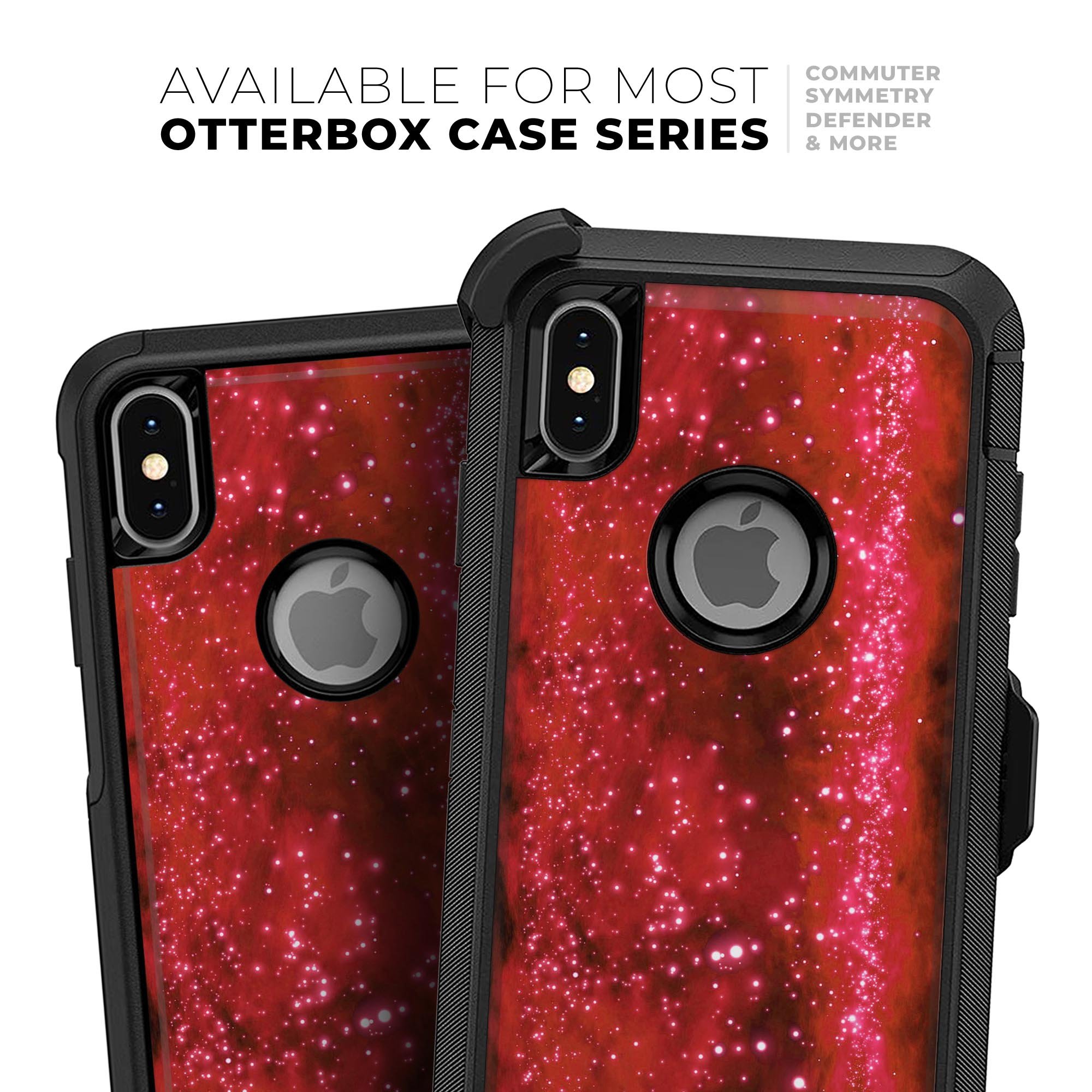 Glowing Red Orbs of Light skin kit for iPhone OtterBox cases, showcasing vibrant red orb design on a sleek surface.