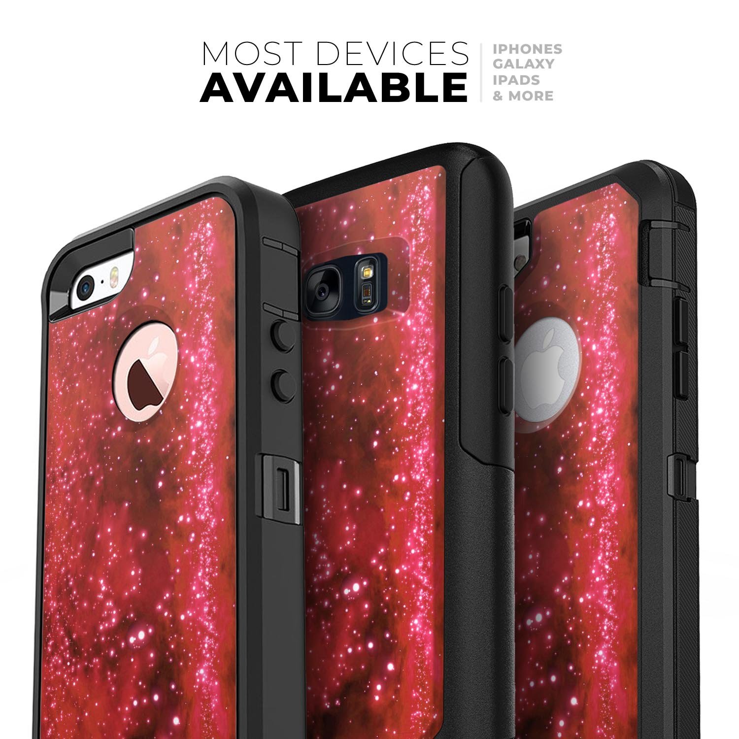 Glowing Red Orbs of Light skin kit for iPhone OtterBox cases, showcasing vibrant red orb design on a sleek surface.