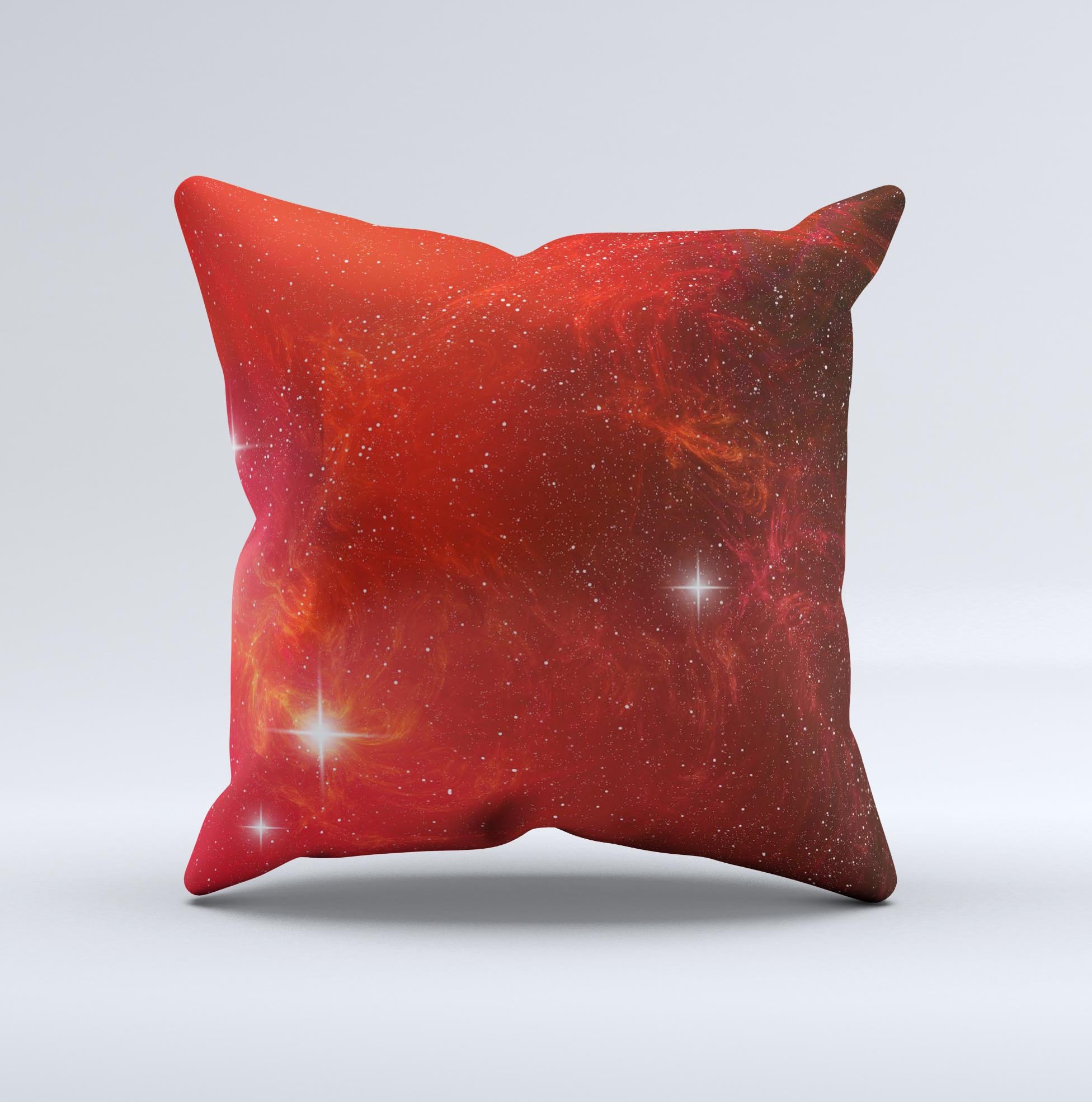 Glowing Red Space Ink-Fuzed Decorative Throw Pillow showcasing vibrant red colors and unique handcrafted design.