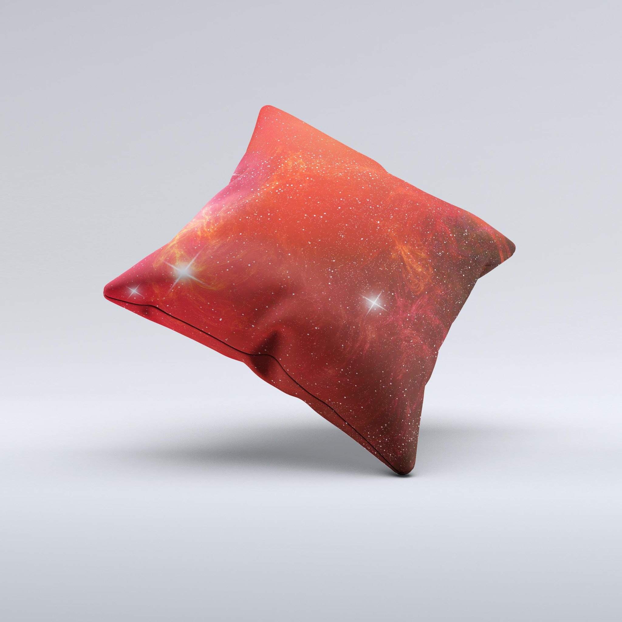 Glowing Red Space Ink-Fuzed Decorative Throw Pillow showcasing vibrant red colors and unique handcrafted design.