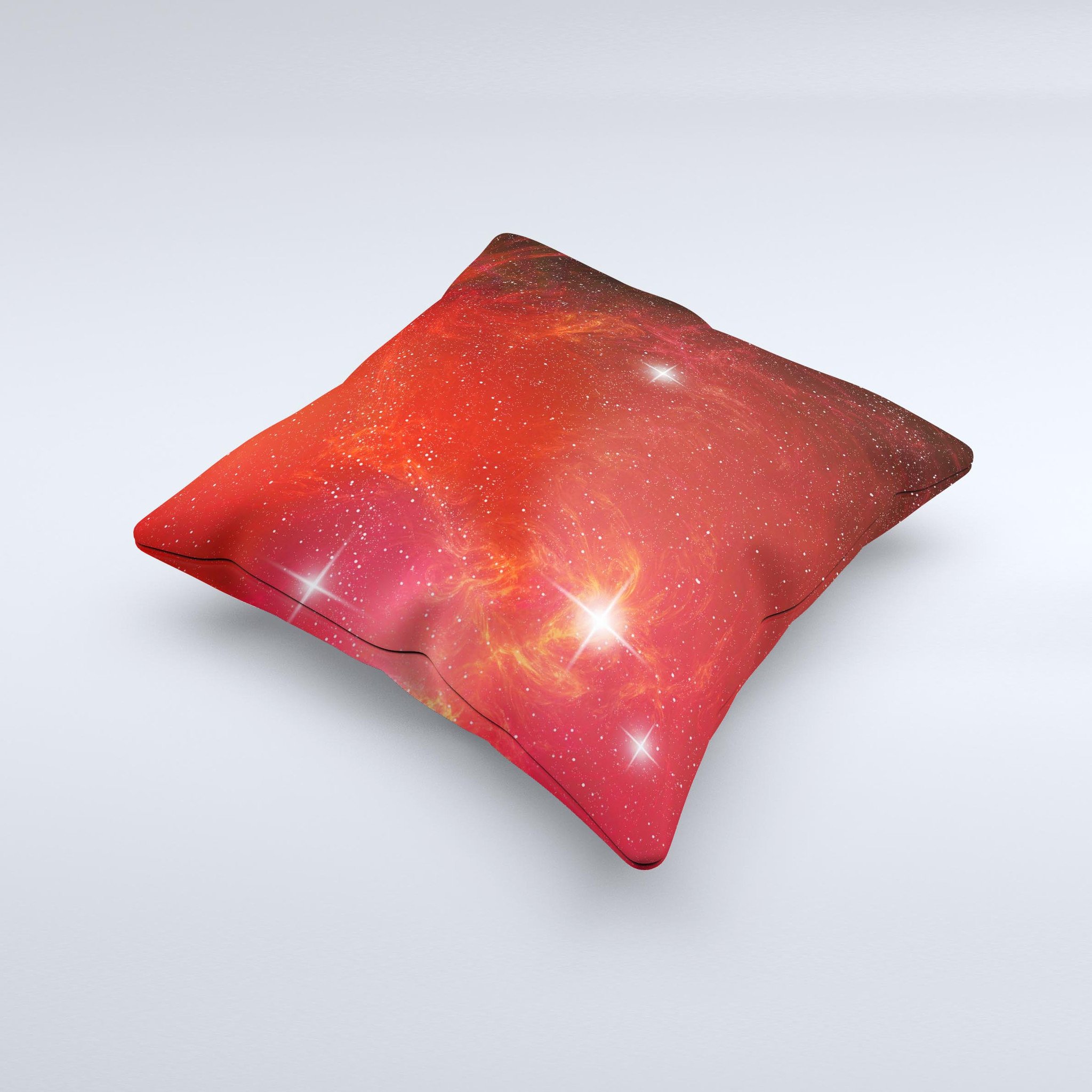 Glowing Red Space Ink-Fuzed Decorative Throw Pillow showcasing vibrant red colors and unique handcrafted design.