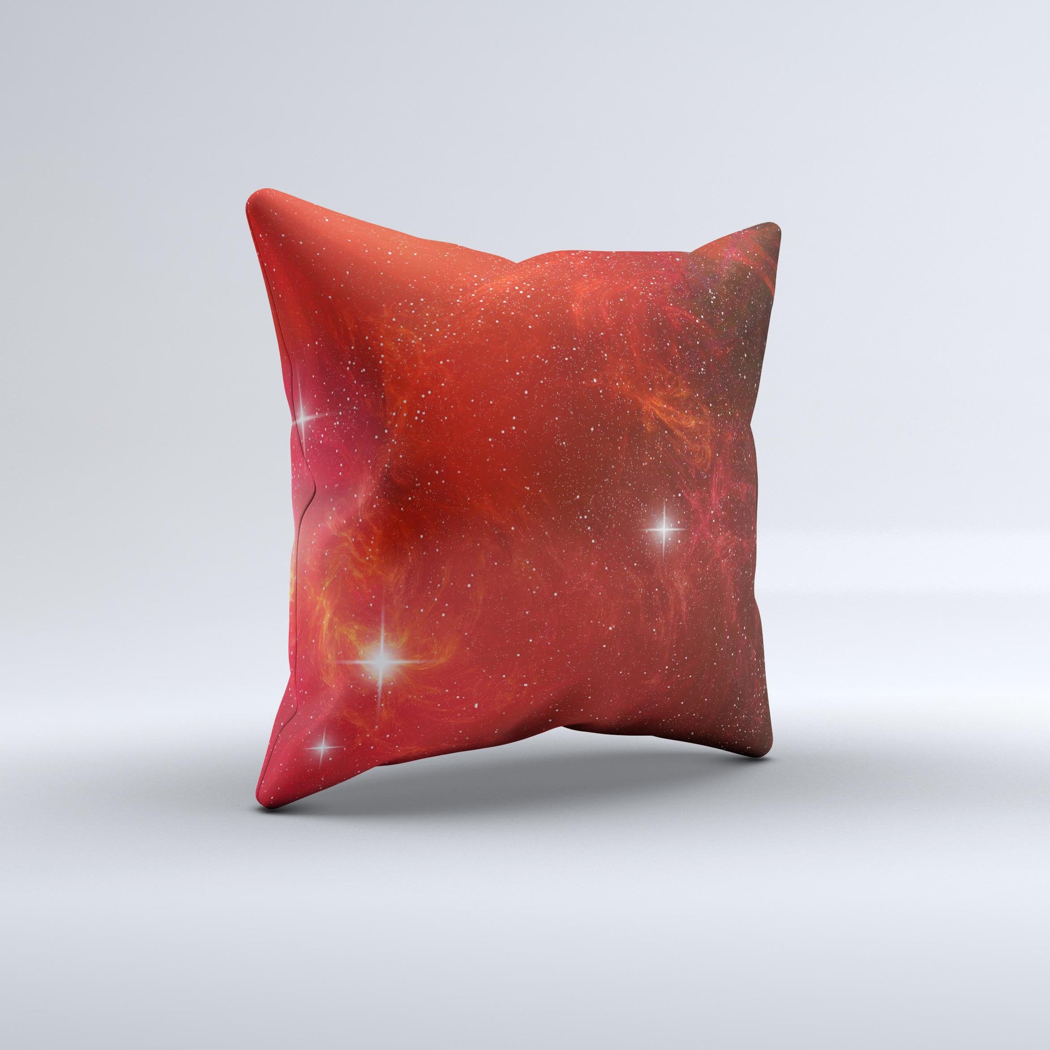 Glowing Red Space Ink-Fuzed Decorative Throw Pillow showcasing vibrant red colors and unique handcrafted design.