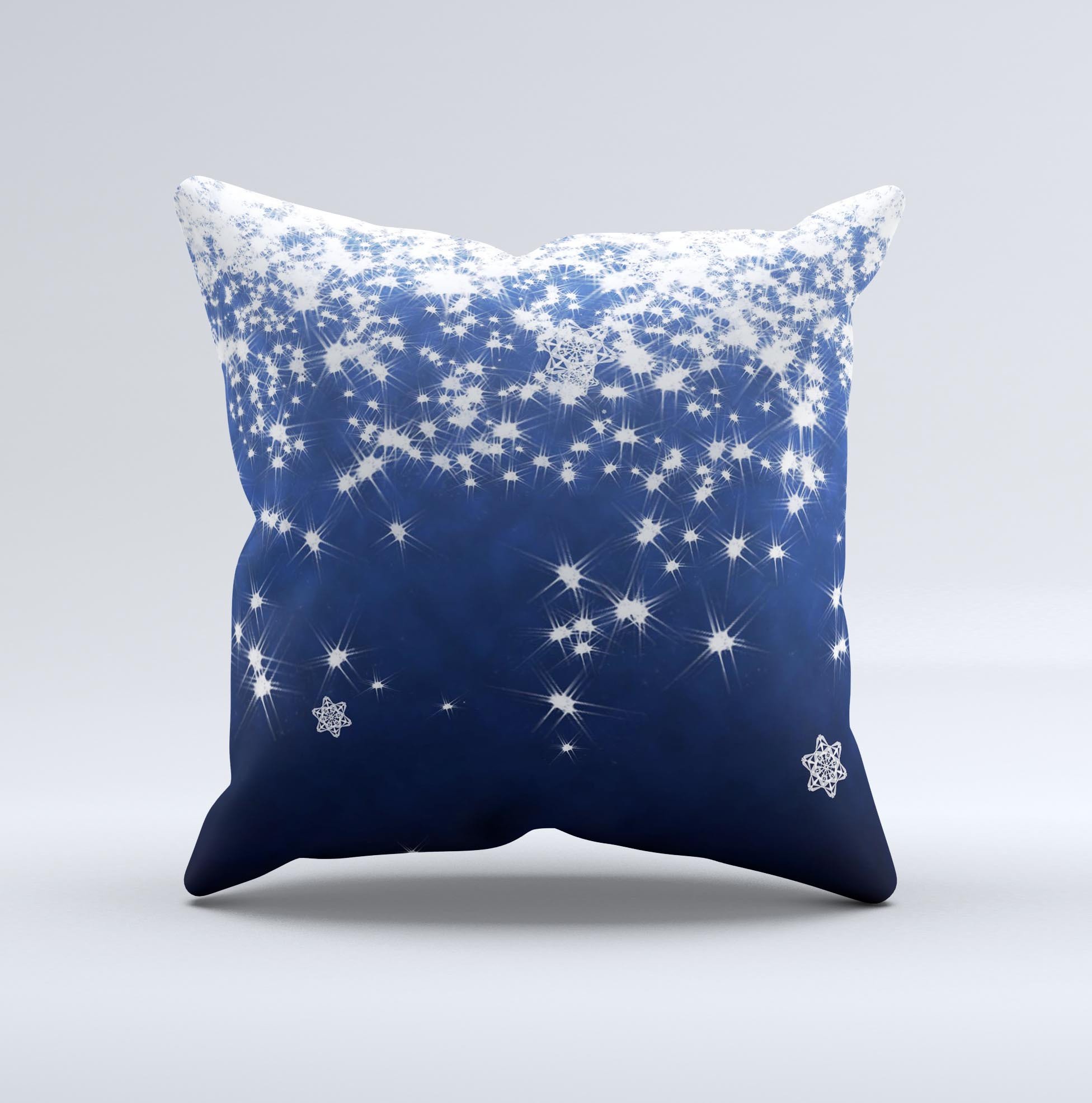 Glowing White SnowFlakes Ink-Fuzed Decorative Throw Pillow with intricate snowflake design, handcrafted in Virginia.