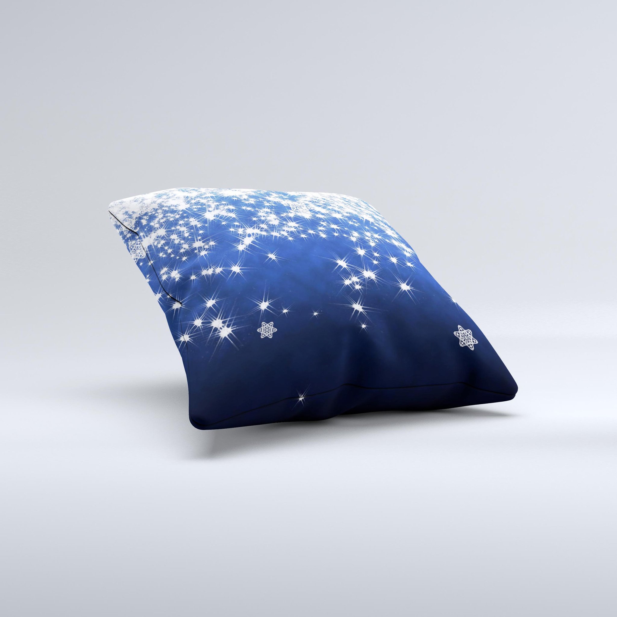 Glowing White SnowFlakes Ink-Fuzed Decorative Throw Pillow with intricate snowflake design, handcrafted in Virginia.