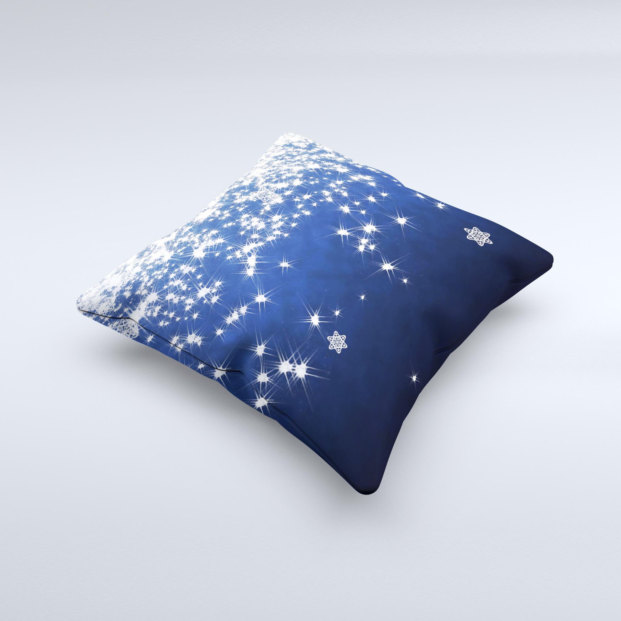 Glowing White SnowFlakes Ink-Fuzed Decorative Throw Pillow with intricate snowflake design, handcrafted in Virginia.