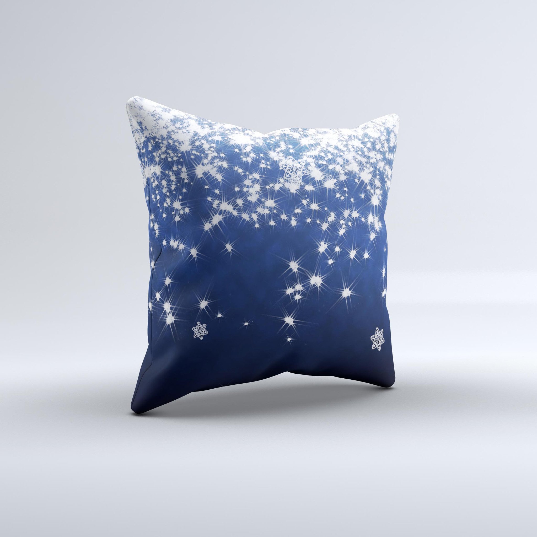 Glowing White SnowFlakes Ink-Fuzed Decorative Throw Pillow with intricate snowflake design, handcrafted in Virginia.