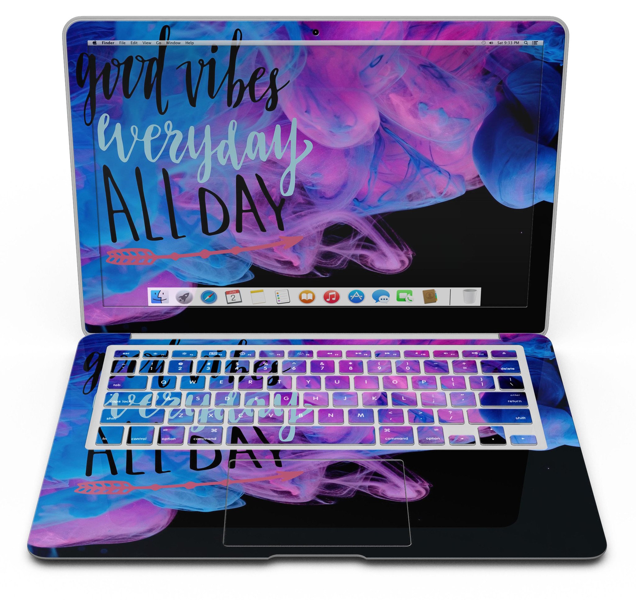 Good Vibes Everyday MacBook Air Skin Kit featuring vibrant designs and premium vinyl material for protection and style.