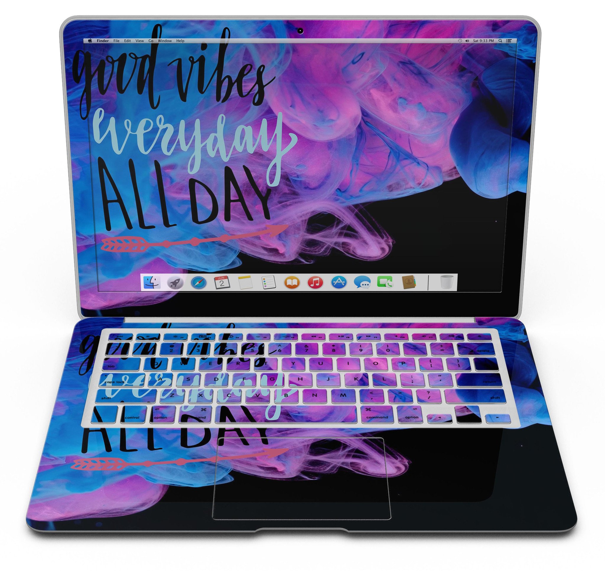 Good Vibes Everyday MacBook Air Skin Kit featuring vibrant designs and premium vinyl material for protection and style.