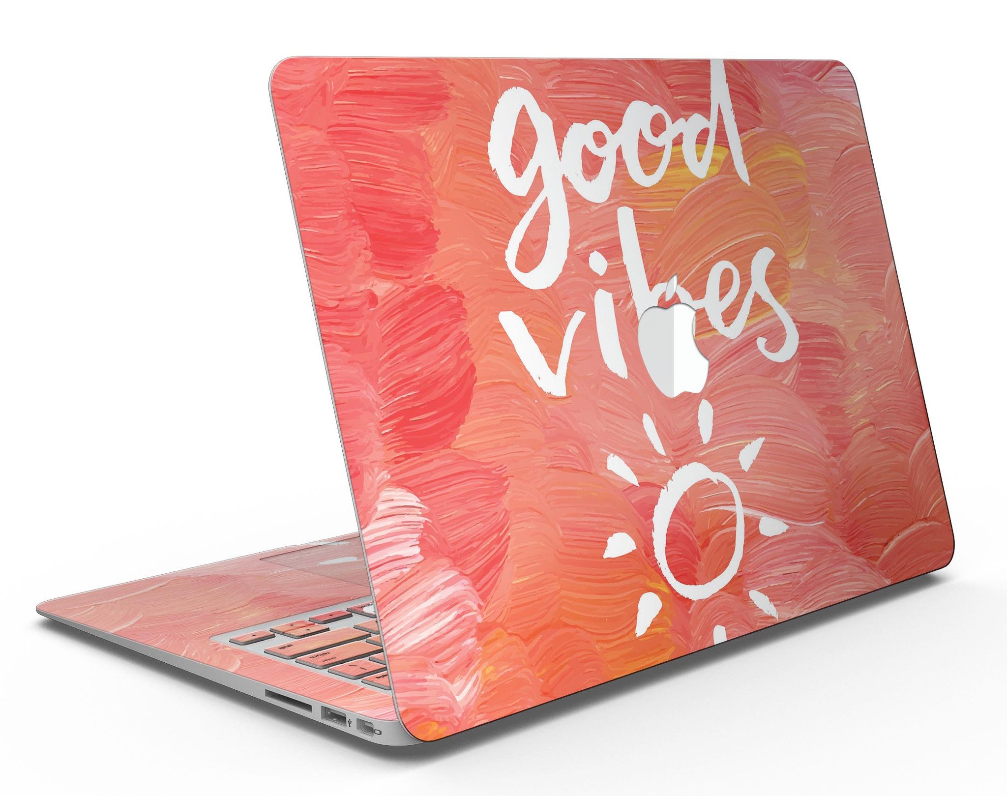 Good Vibes MacBook Air Skin Kit showcasing vibrant designs and textures, perfect for personalizing your device.