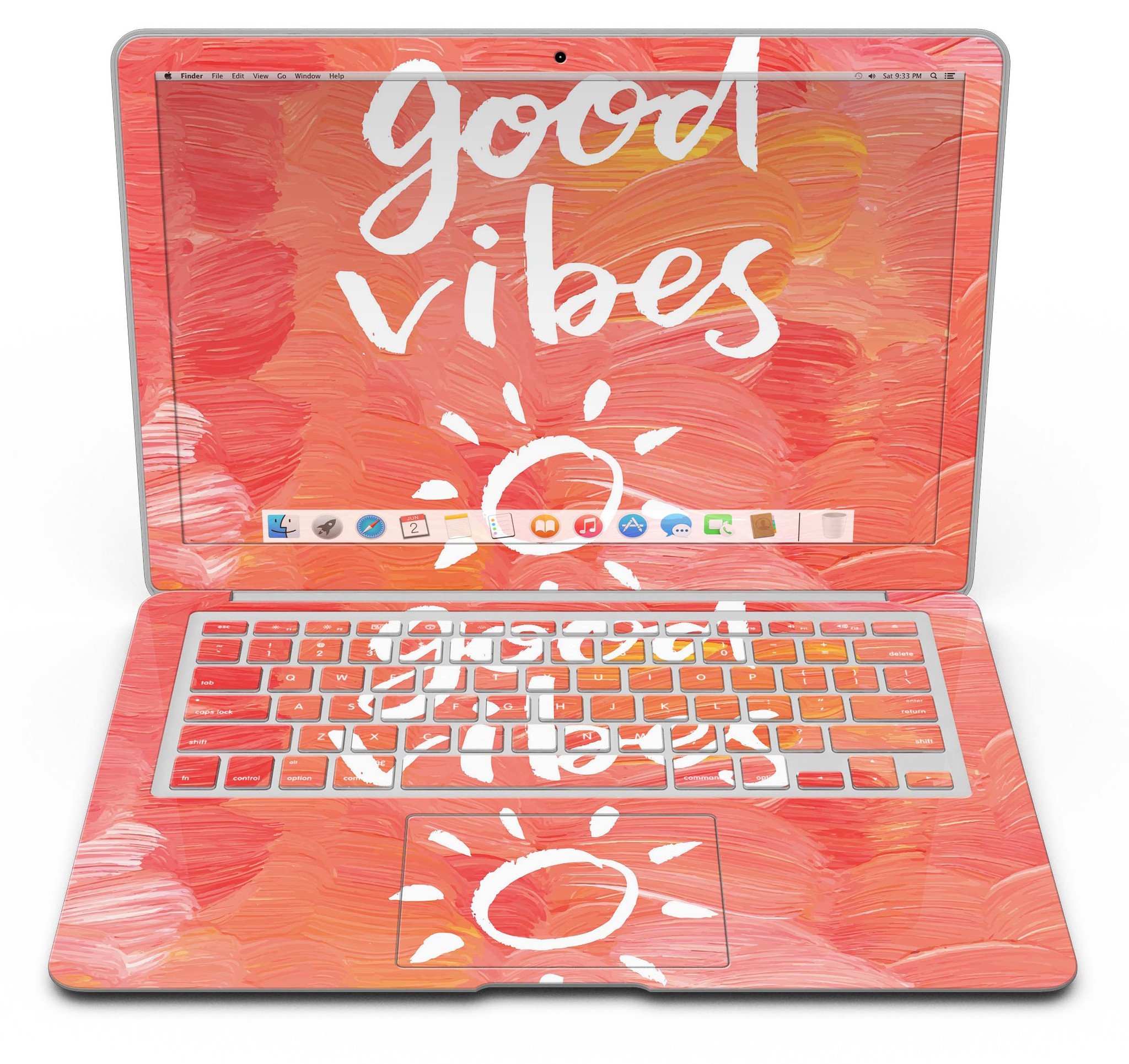 Good Vibes MacBook Air Skin Kit showcasing vibrant designs and textures, perfect for personalizing your device.