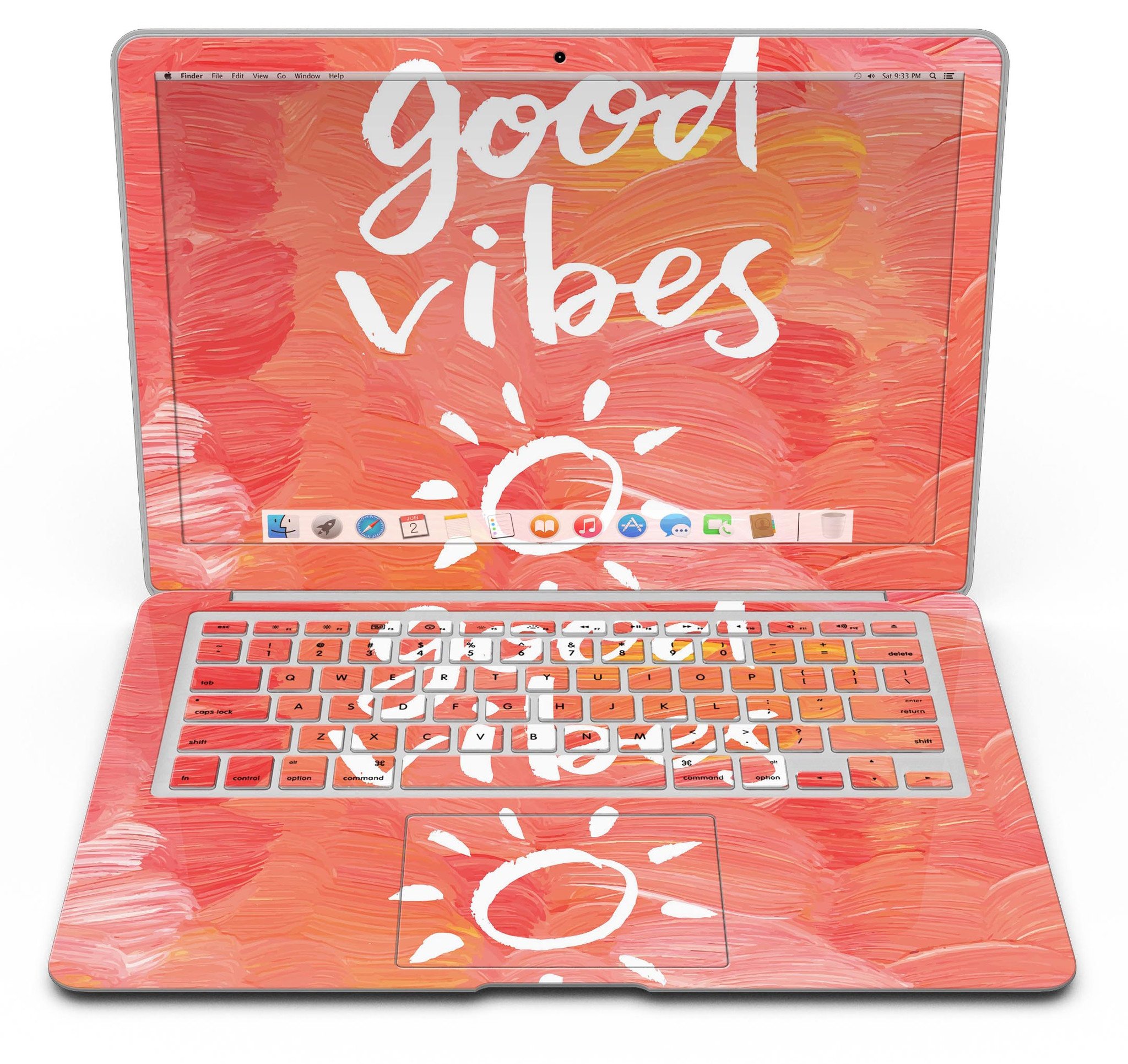 Good Vibes MacBook Air Skin Kit showcasing vibrant designs and textures, perfect for personalizing your device.