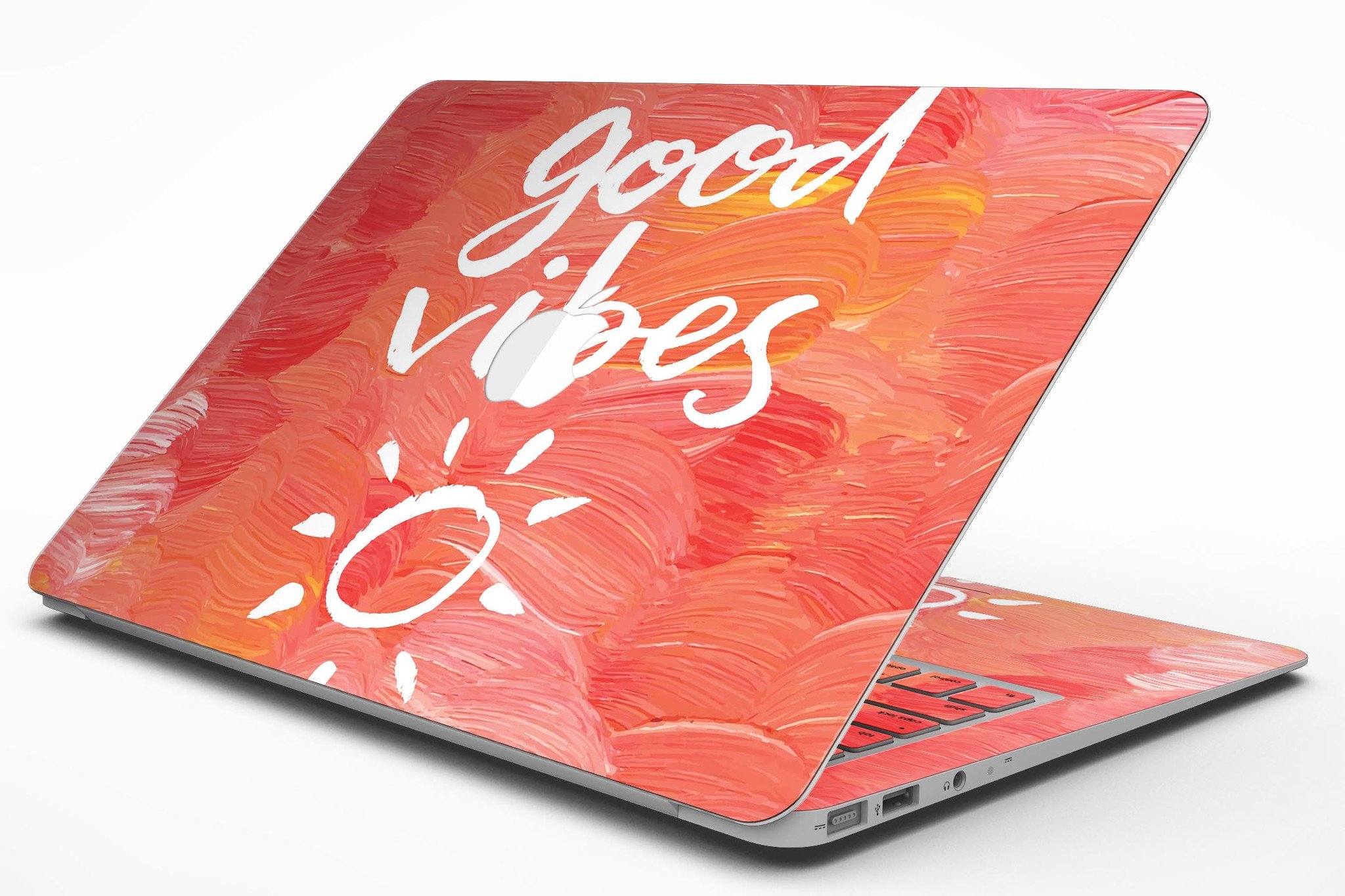 Good Vibes MacBook Air Skin Kit showcasing vibrant designs and textures, perfect for personalizing your device.