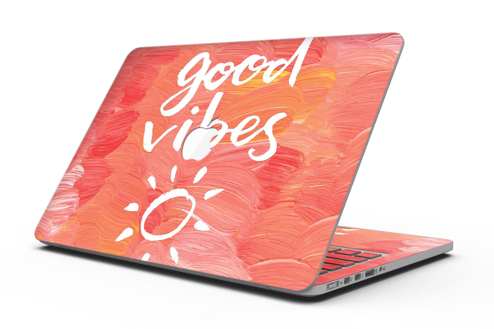 Good Vibes MacBook Pro skin kit showcasing a stylish design with a full-coverage fit, available in gloss and matte finishes.