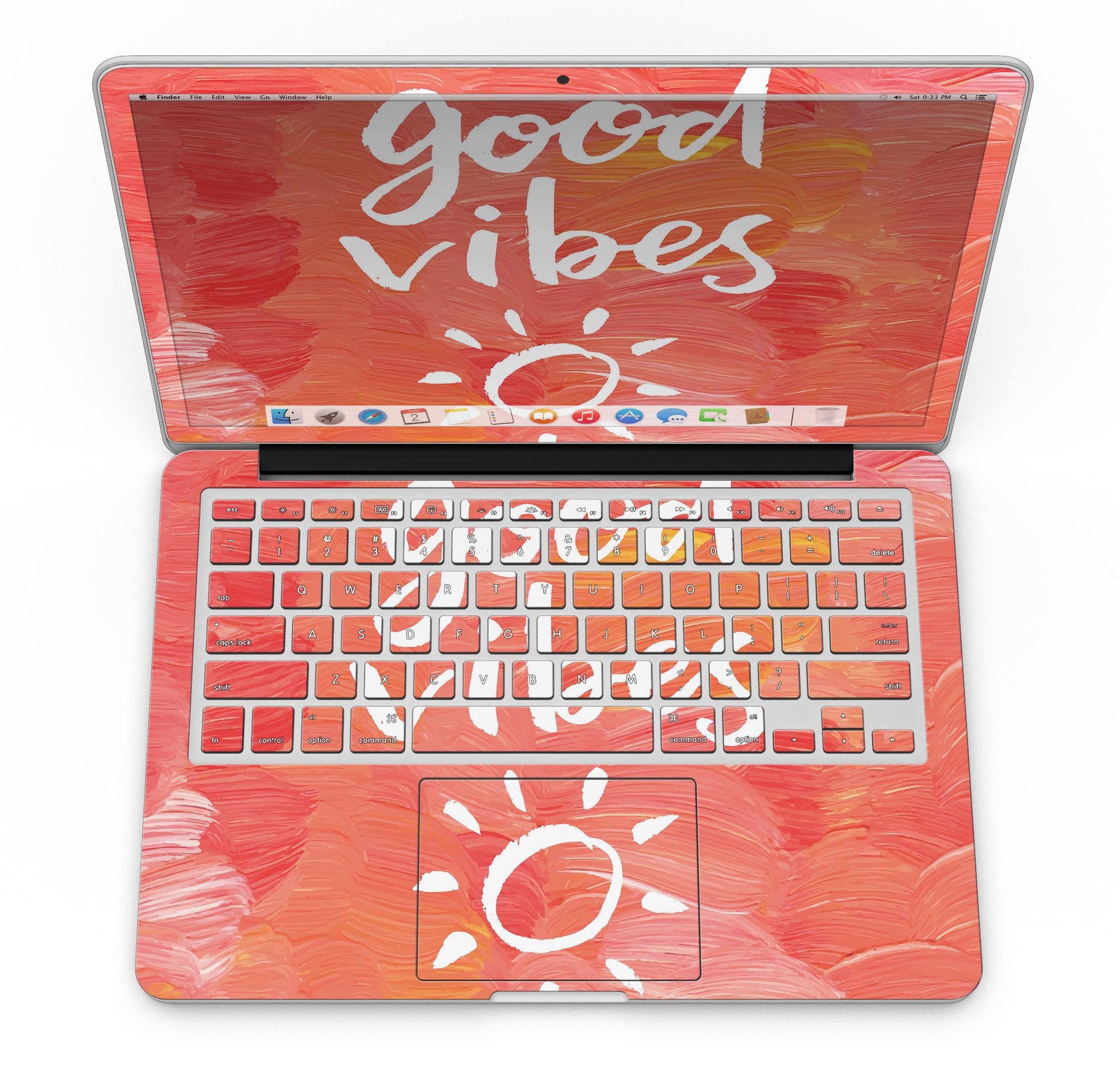 Good Vibes MacBook Pro skin kit showcasing a stylish design with a full-coverage fit, available in gloss and matte finishes.