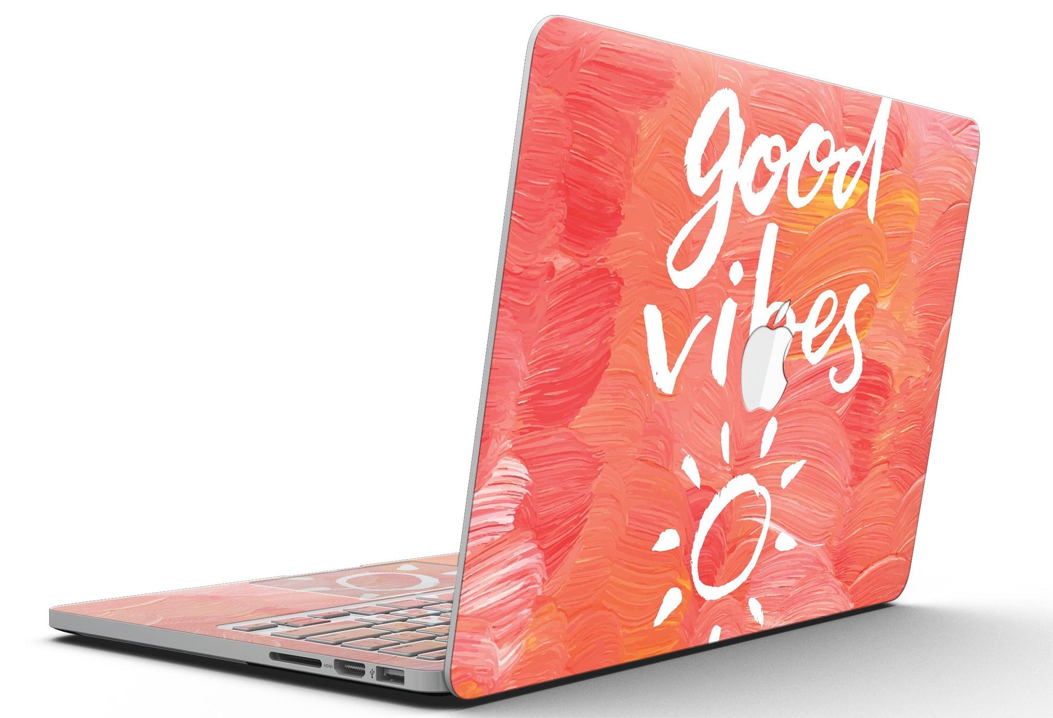 Good Vibes MacBook Pro skin kit showcasing a stylish design with a full-coverage fit, available in gloss and matte finishes.