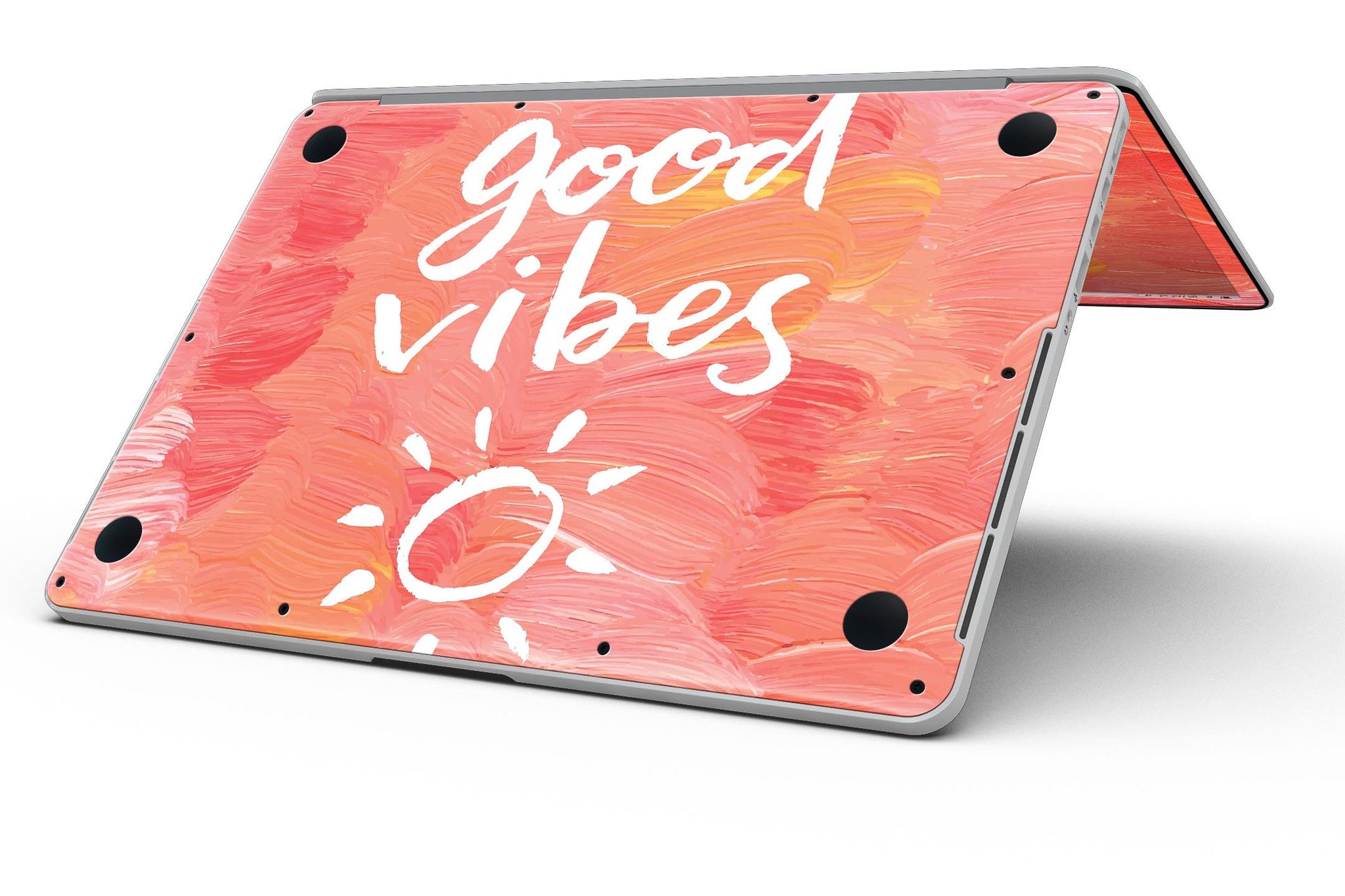 Good Vibes MacBook Pro skin kit showcasing a stylish design with a full-coverage fit, available in gloss and matte finishes.