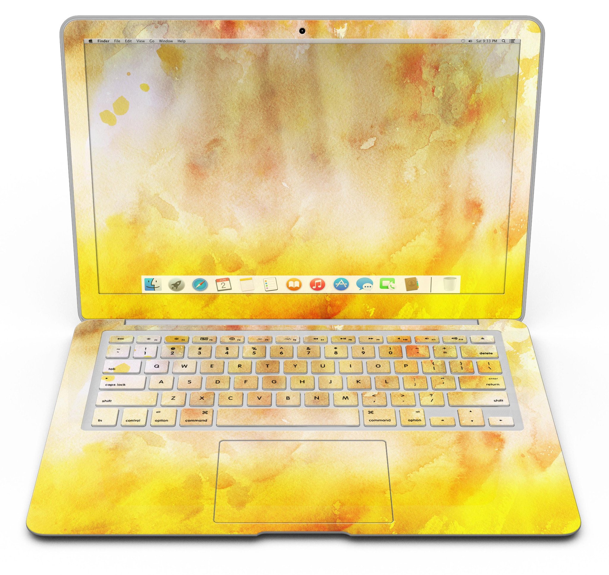 Gold 76 Absorbed Watercolor Texture skin for MacBook Air, showcasing vibrant colors and a sleek design.