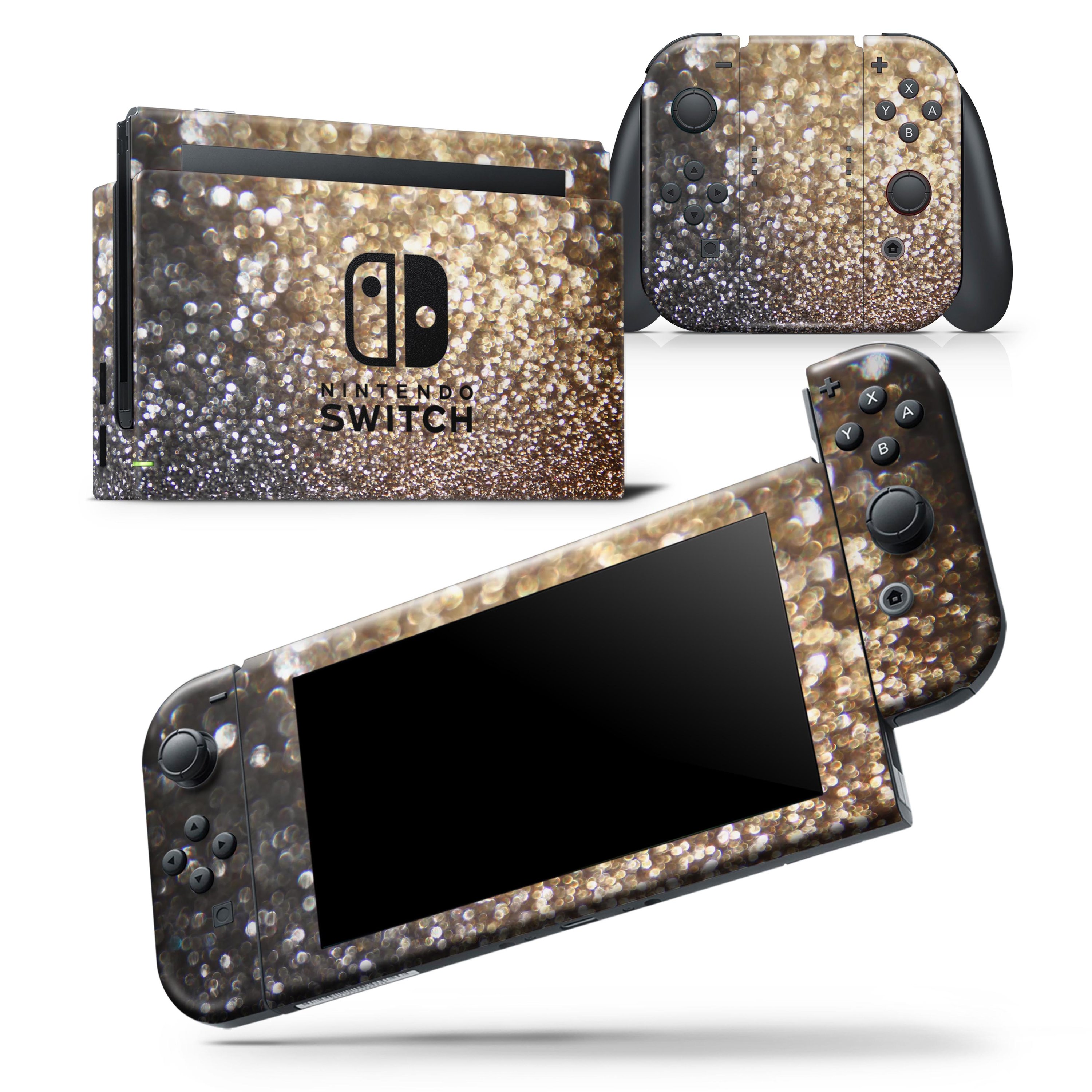 Gold and Black Unfocused Glimmering RainFall skin wrap decal for Nintendo Switch, showcasing a stylish design and premium finish.