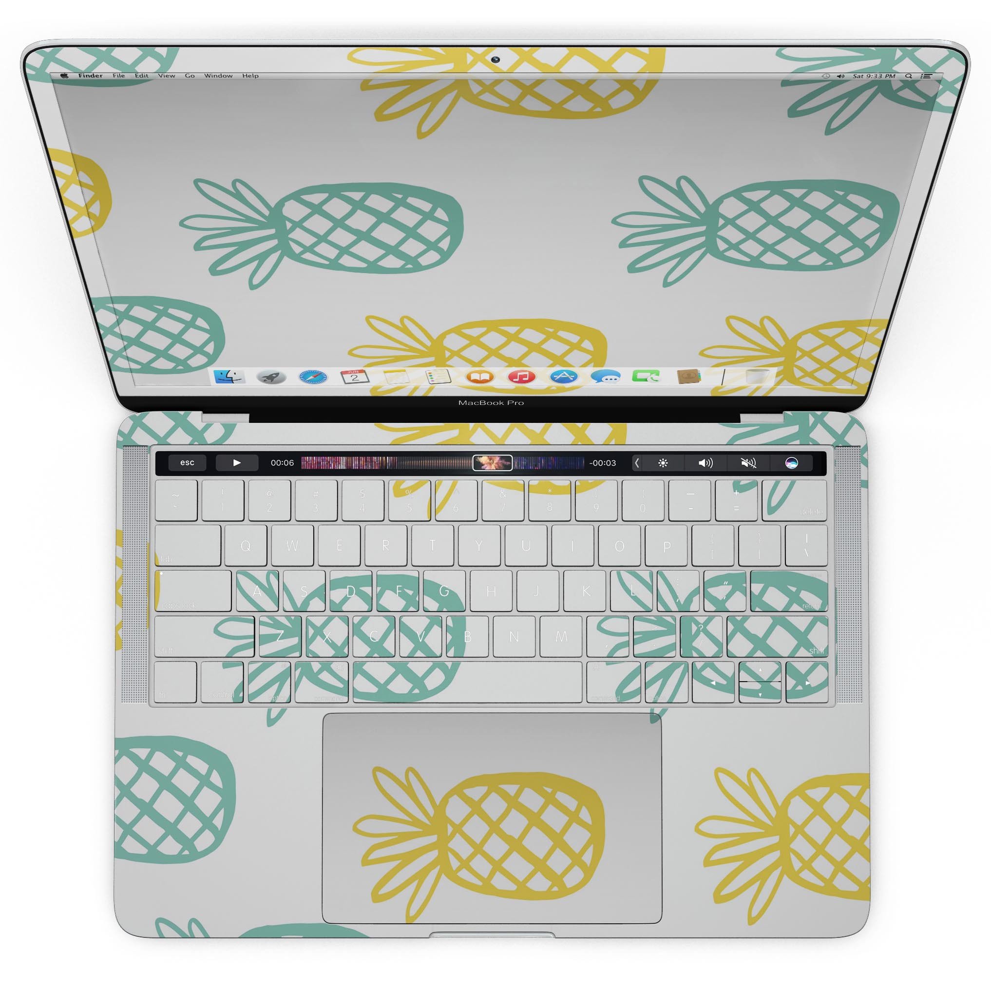 Gold and Mint Pineapple skin kit for MacBook Pro with Touch Bar, showcasing vibrant colors and stylish design.