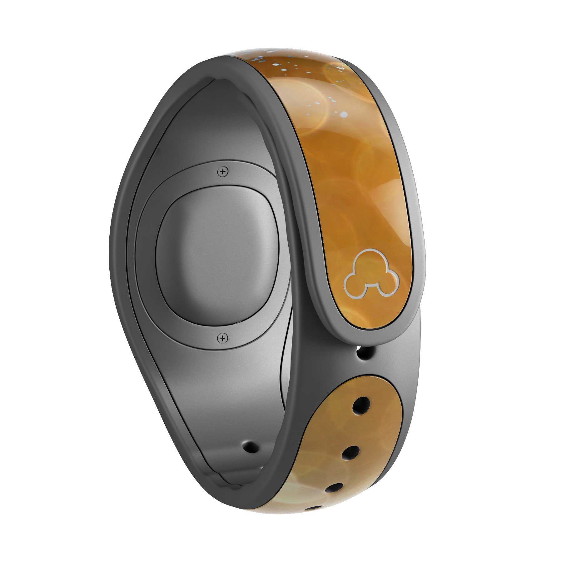 Gold and Silver Unfocused Orbs of Glowing Light decal skin wrap kit for Disney Magic Band, showcasing vibrant colors and intricate design.