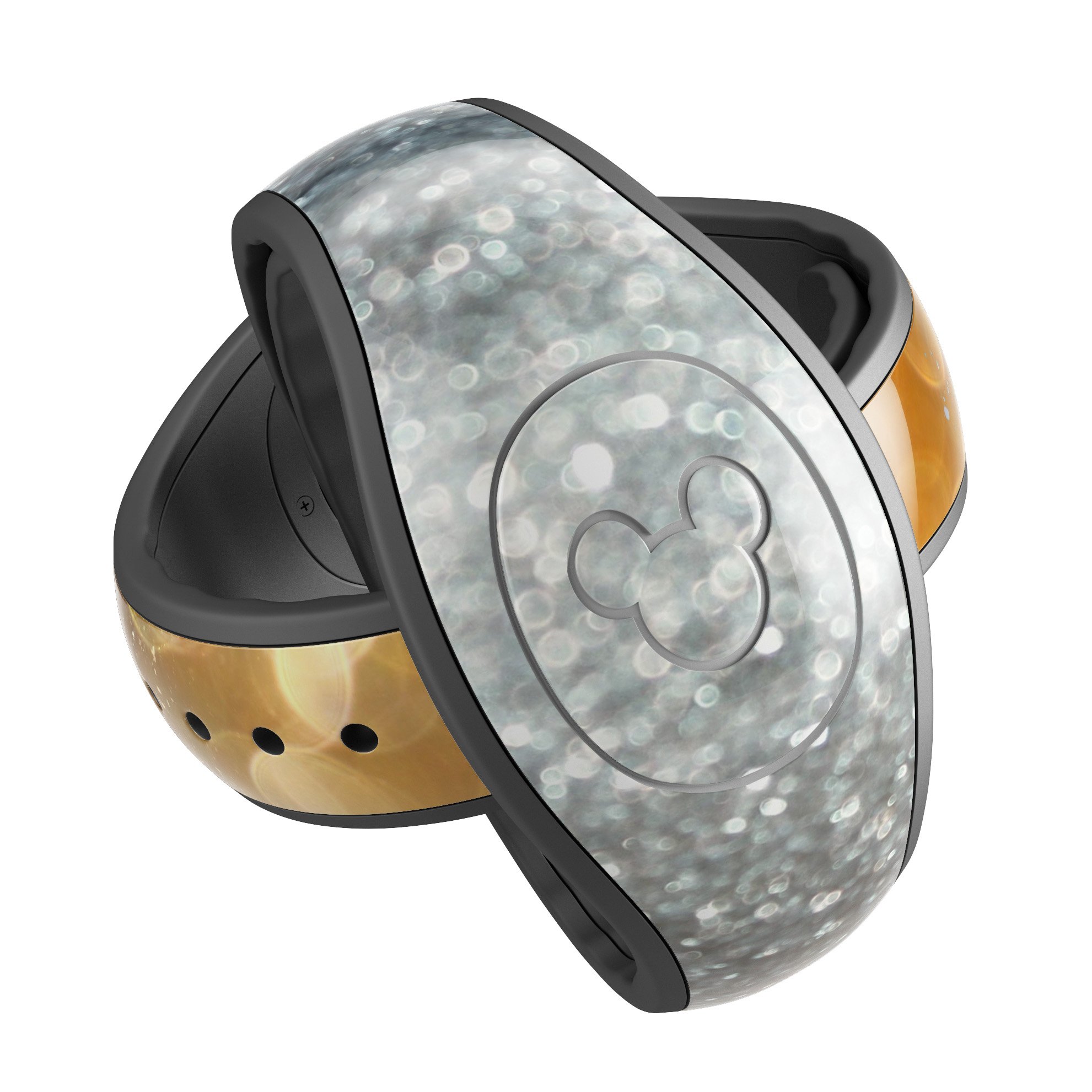 Gold and Silver Unfocused Orbs of Glowing Light decal skin wrap kit for Disney Magic Band, showcasing vibrant colors and intricate design.