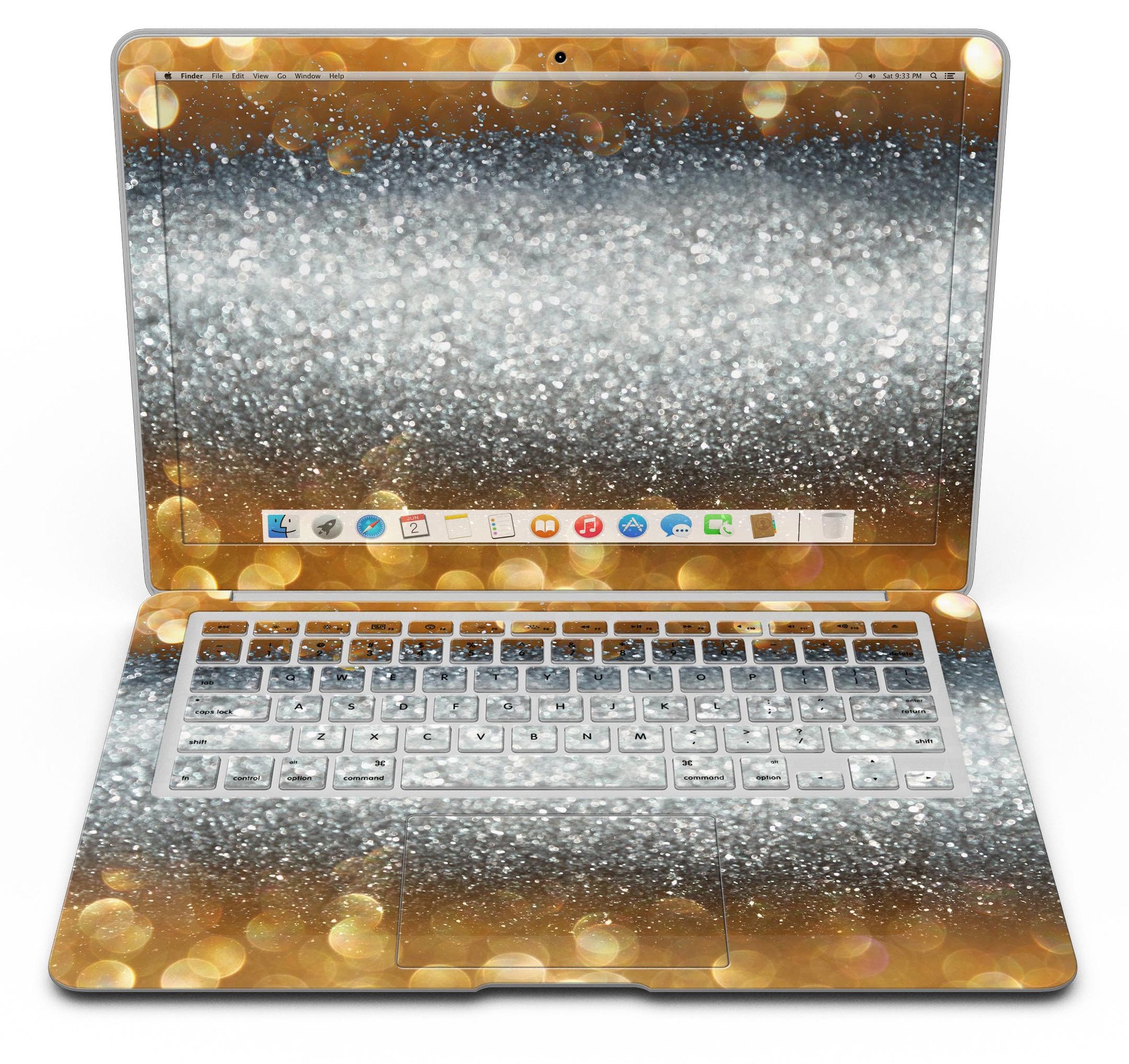 Gold and Silver Unfocused Orbs of Glowing Light skin kit applied to a MacBook Air, showcasing its vibrant design and sleek finish.