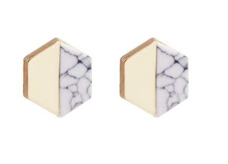 Gold and white marble stud earrings in hexagon shape, showcasing a modern and elegant design, perfect for sensitive ears.