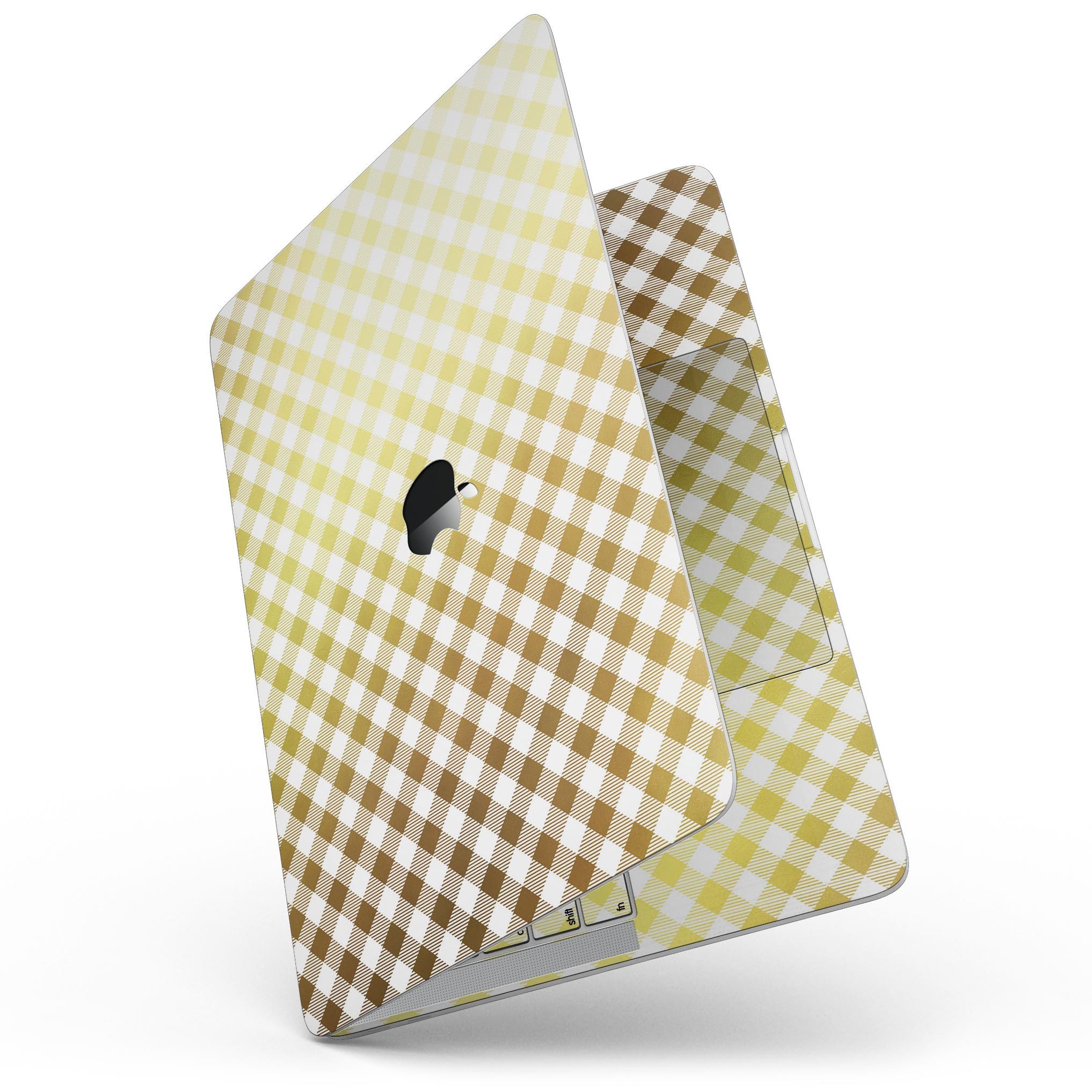 Gold and white plaid vinyl skin for 13" MacBook Pro without Touch Bar, showcasing stylish design and precise fit.