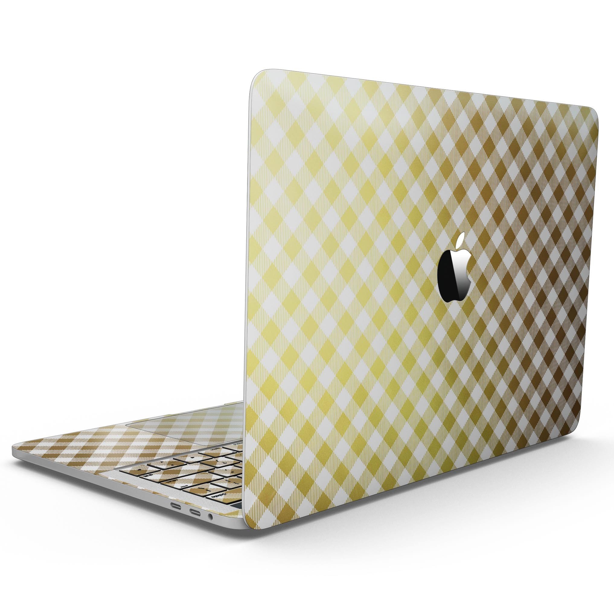 Gold and white plaid vinyl skin for 13" MacBook Pro without Touch Bar, showcasing stylish design and precise fit.