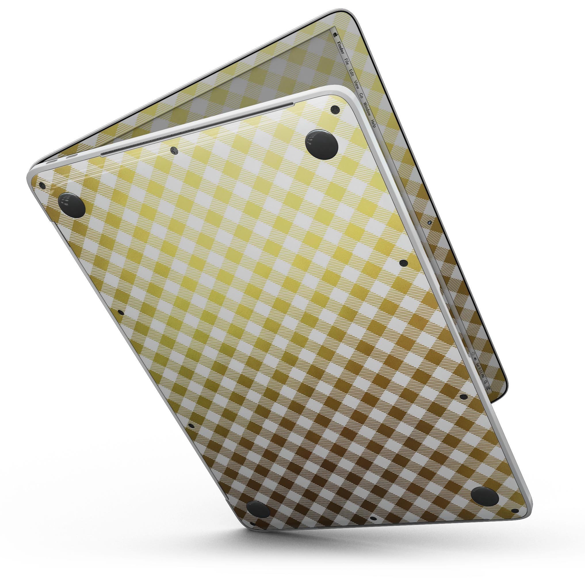 Gold and white plaid vinyl skin for 13" MacBook Pro without Touch Bar, showcasing stylish design and precise fit.