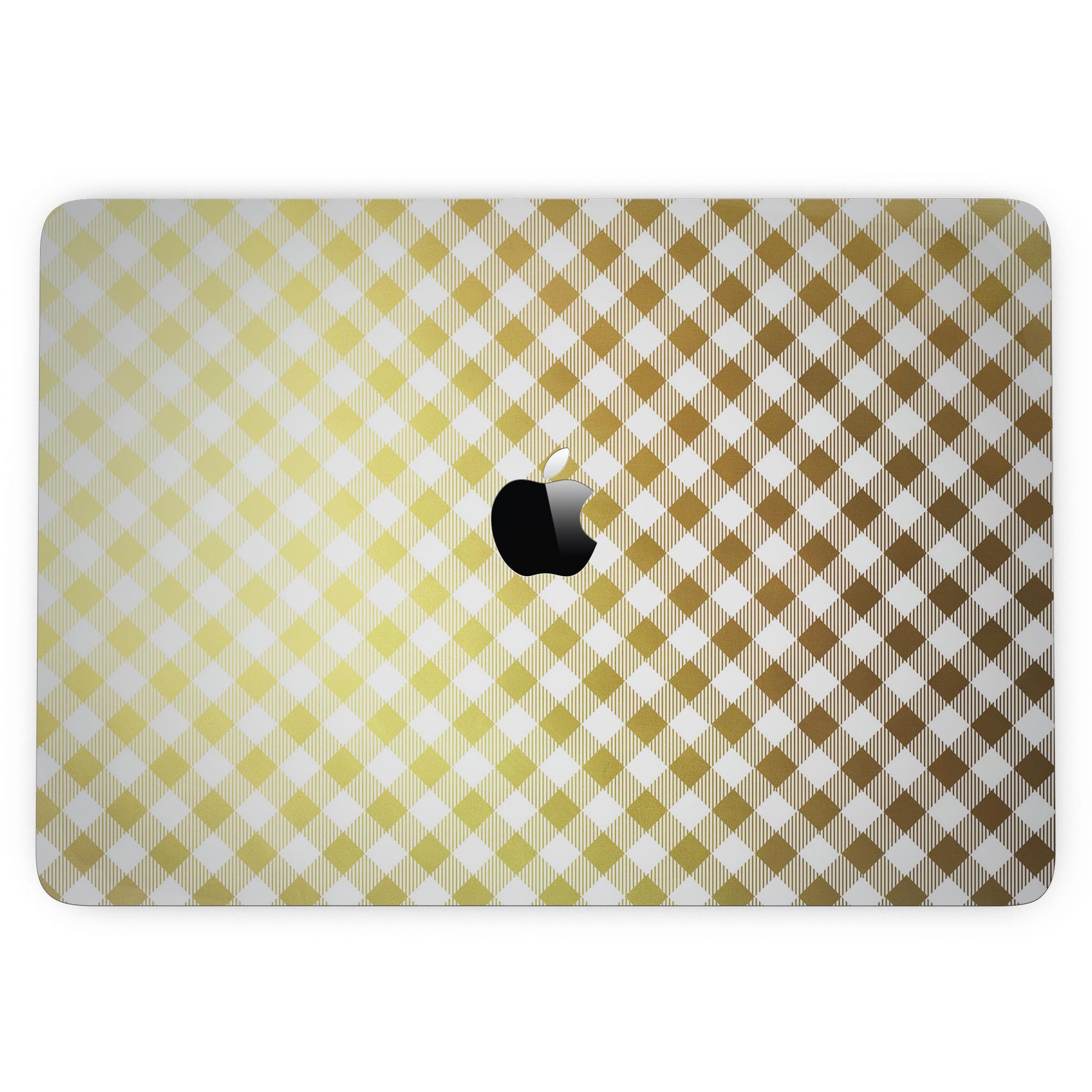 Gold and white plaid vinyl skin for 13" MacBook Pro without Touch Bar, showcasing stylish design and precise fit.