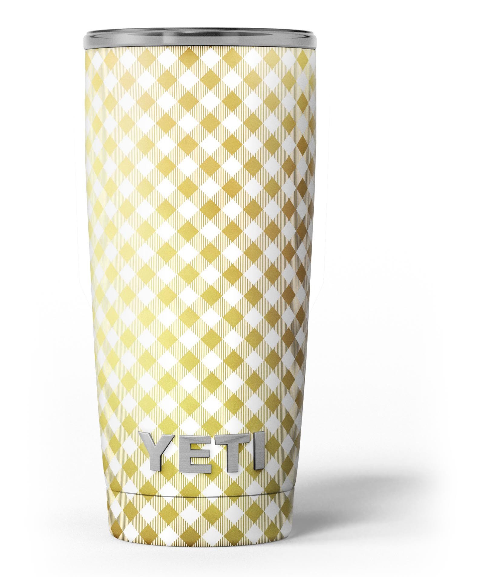 Gold and White Plaid Picnic Table Pattern Skin Decal Vinyl Wrap Kit for Yeti Coolers, showcasing a stylish design and premium quality.