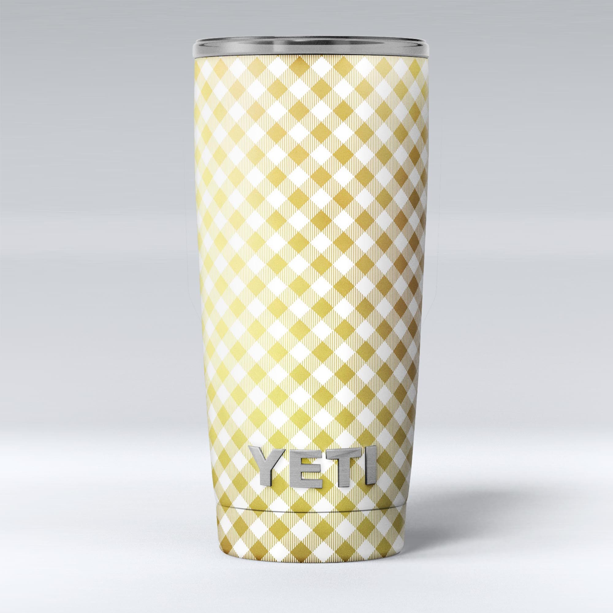 Gold and White Plaid Picnic Table Pattern Skin Decal Vinyl Wrap Kit for Yeti Coolers, showcasing a stylish design and premium quality.