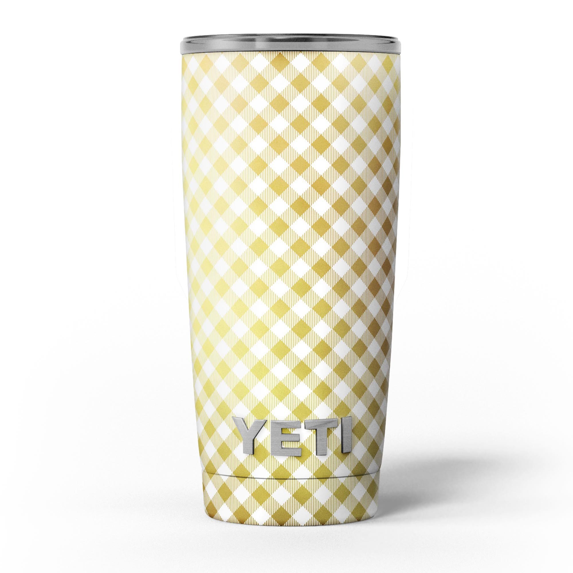 Gold and White Plaid Picnic Table Pattern Skin Decal Vinyl Wrap Kit for Yeti Coolers, showcasing a stylish design and premium quality.