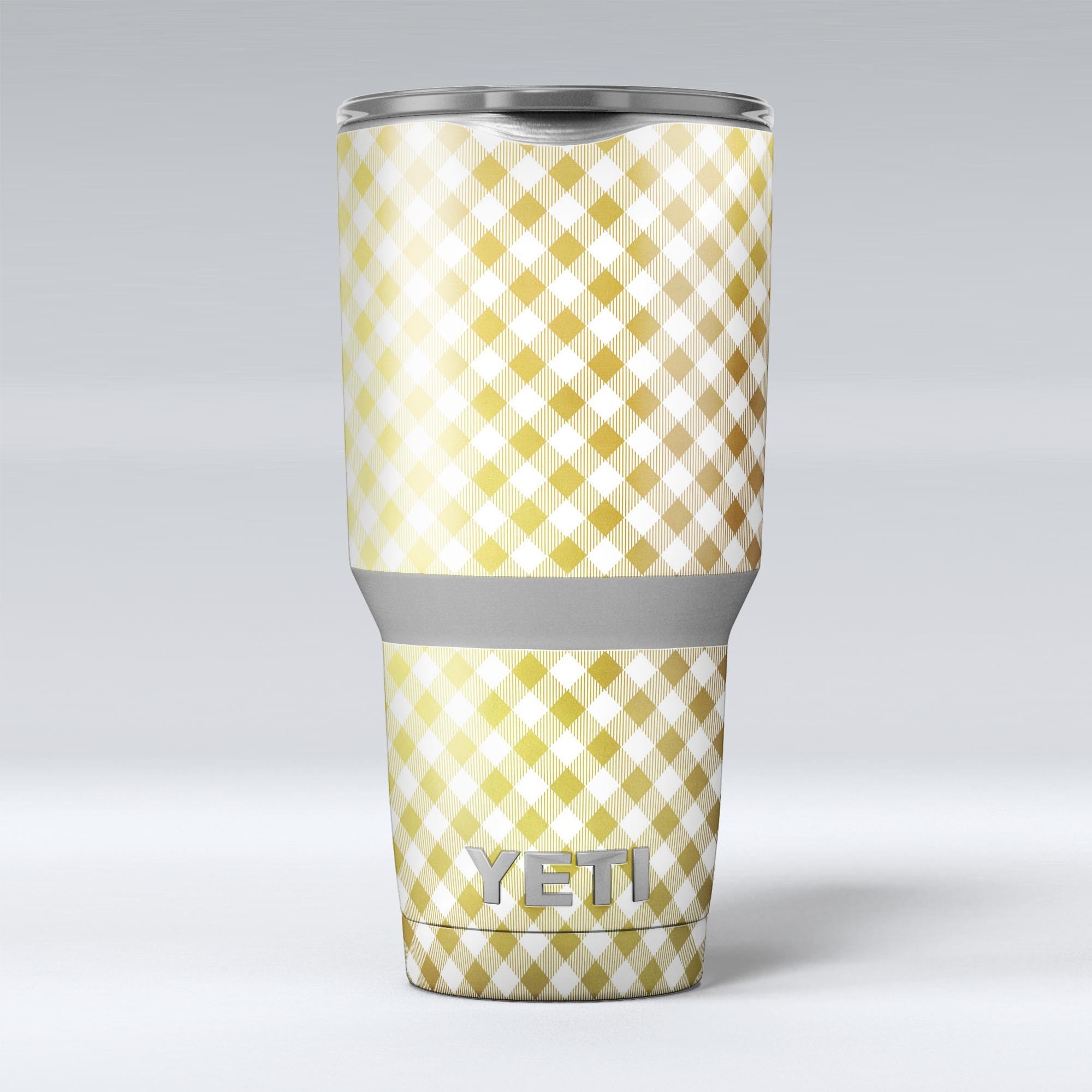 Gold and White Plaid Picnic Table Pattern Skin Decal Vinyl Wrap Kit for Yeti Coolers, showcasing a stylish design and premium quality.