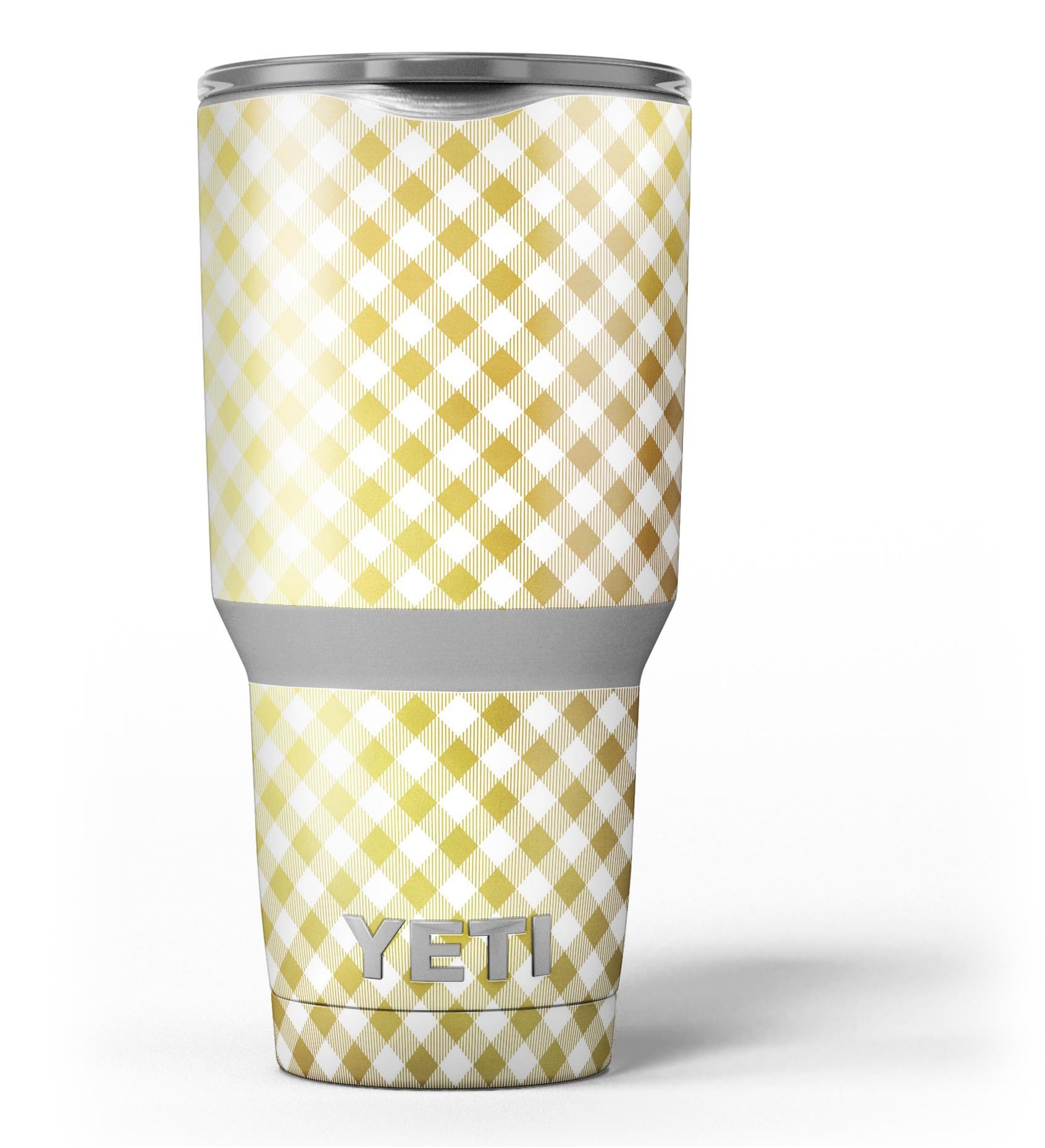 Gold and White Plaid Picnic Table Pattern Skin Decal Vinyl Wrap Kit for Yeti Coolers, showcasing a stylish design and premium quality.